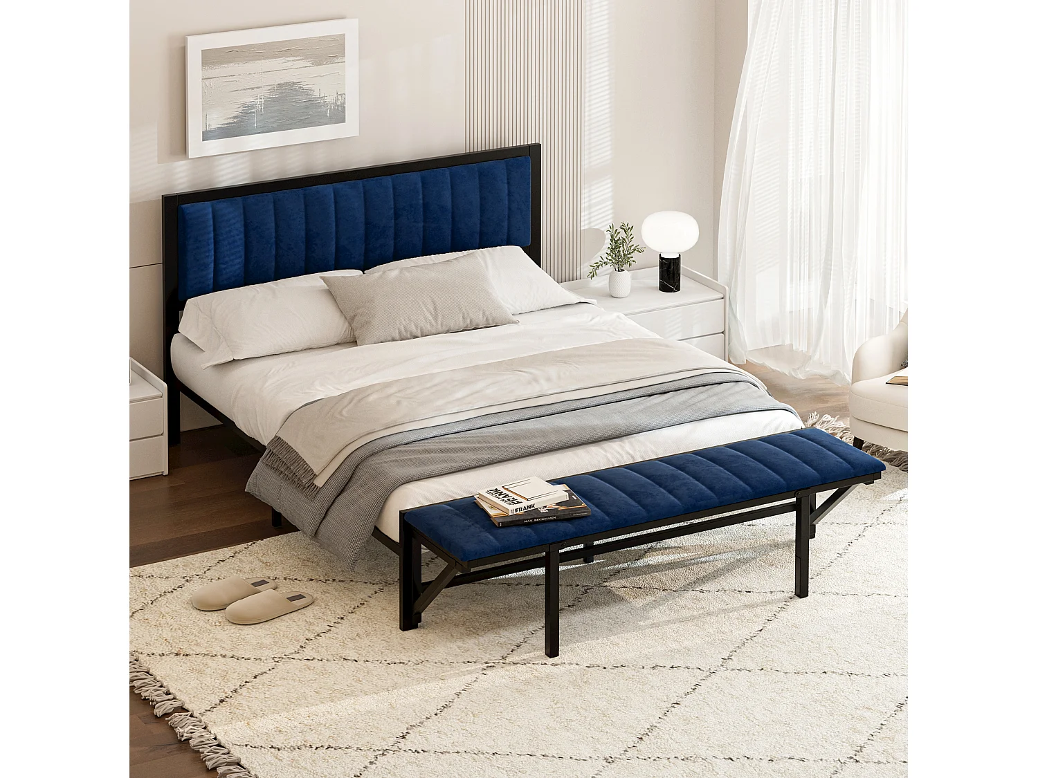 Lit adulte multifonction 160x200 cm - Banc escamotable & rangement intégré - Velours bleu (sans matelas)