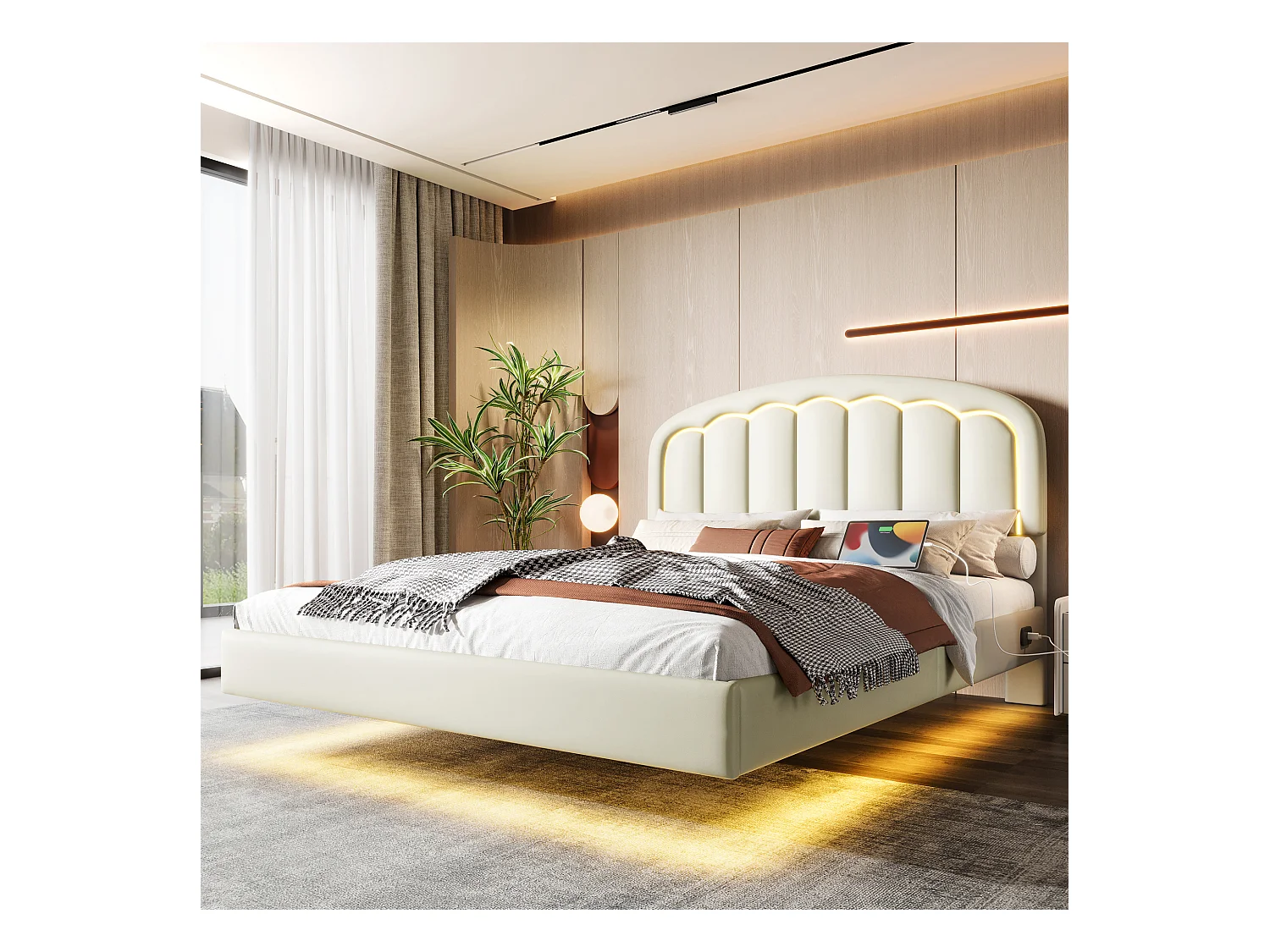 Lit adulte design 160x200 cm - Tête de lit florale, effet flottant - Éclairage LED intégré - Blanc (sans matelas)