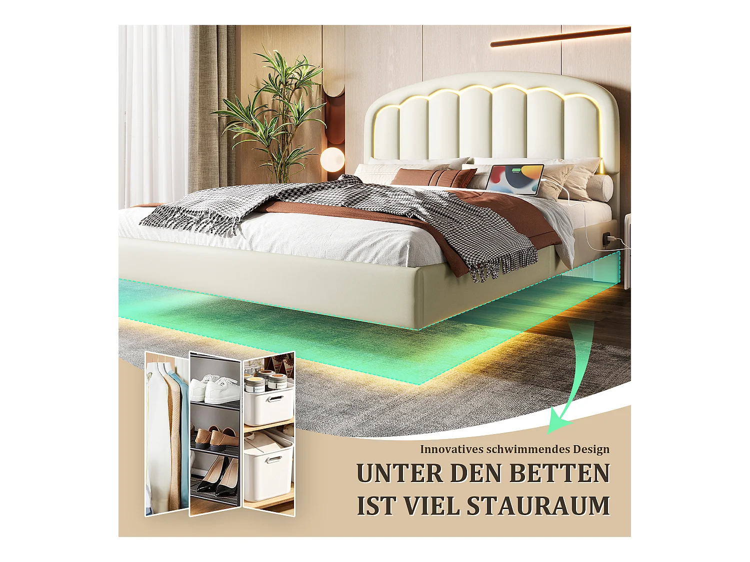 Lit adulte design 160x200 cm - Tête de lit florale, effet flottant - Éclairage LED intégré - Blanc (sans matelas)