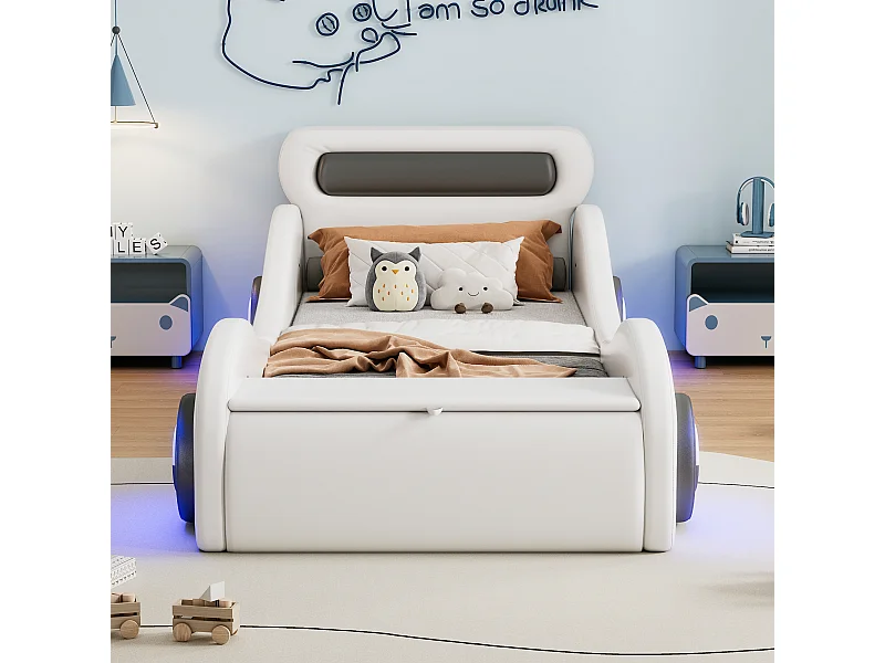 Lit Enfant 90x200 cm en Forme de Voiture avec Roues Lumineuses et Espace de Rangement,en PU Blanc (Sans Matelas)