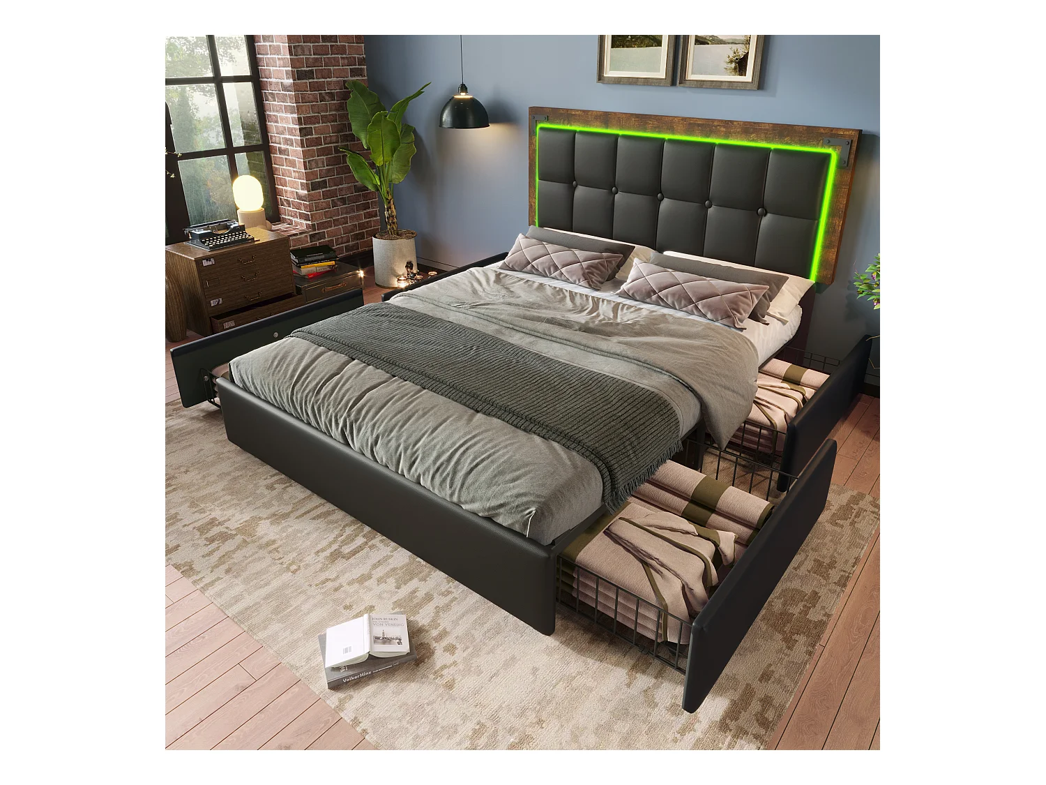 Lit adulte 140x200 cm avec LED et 4 tiroirs, tête de lit réglable, revêtement en PU noir,sans matelas