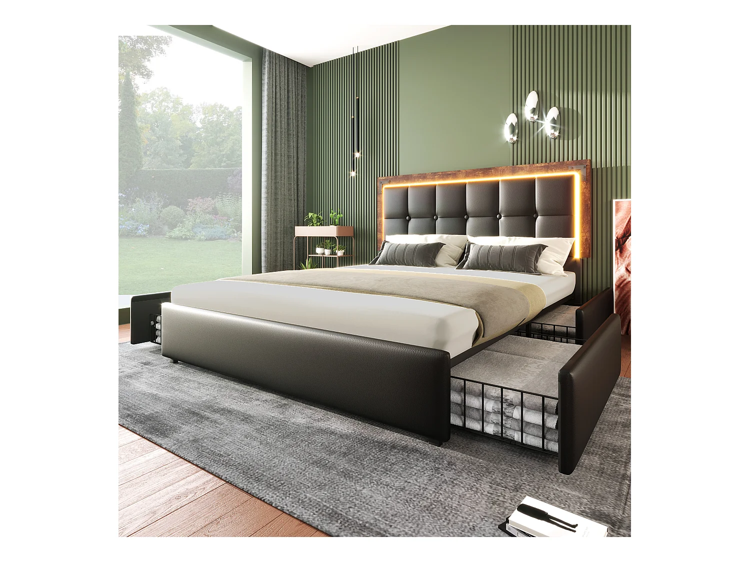 Lit adulte 140x200 cm avec LED et 4 tiroirs, tête de lit réglable, revêtement en PU noir,sans matelas