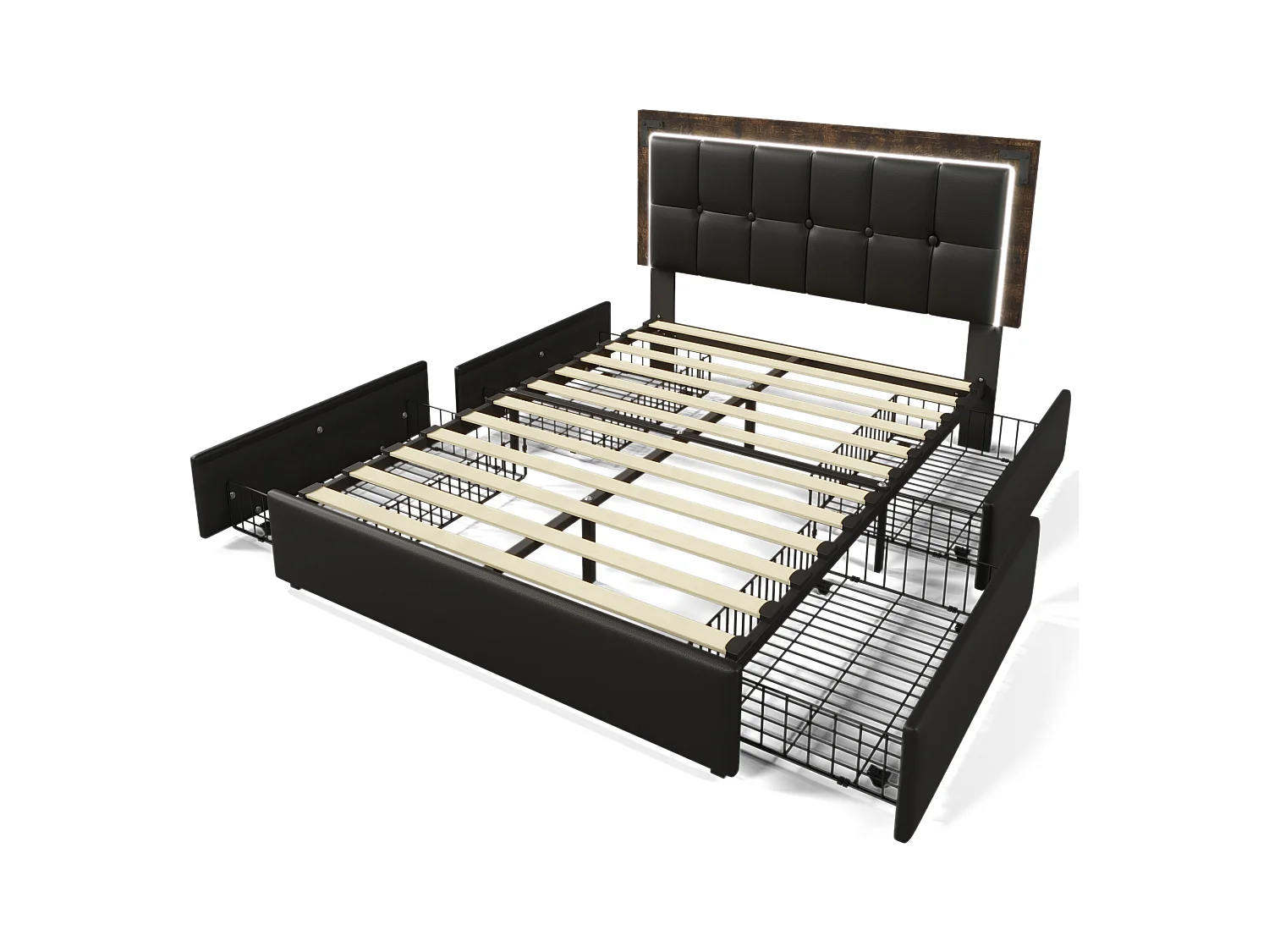 Lit adulte 140x200 cm avec LED et 4 tiroirs, tête de lit réglable, revêtement en PU noir,sans matelas