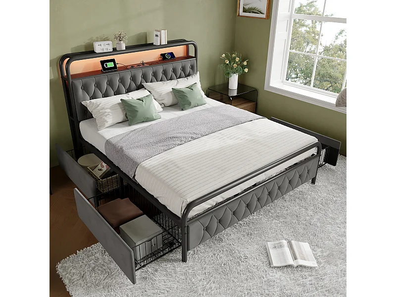 Lit adulte connecté 140x200 cm - Tête de lit avec LED et charge USB-C(sans matelas)