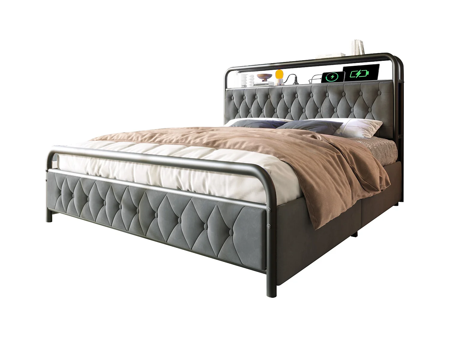 Lit adulte connecté 140x200 cm - Tête de lit avec LED et charge USB-C(sans matelas)