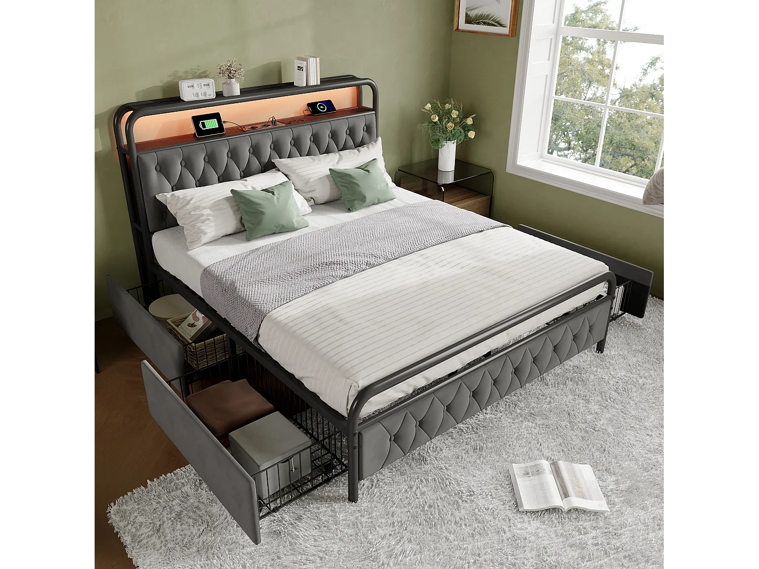 Cama de casal inteligente 140x200 cm – Cabeceira com LED e carregamento USB-C (sem colchão)