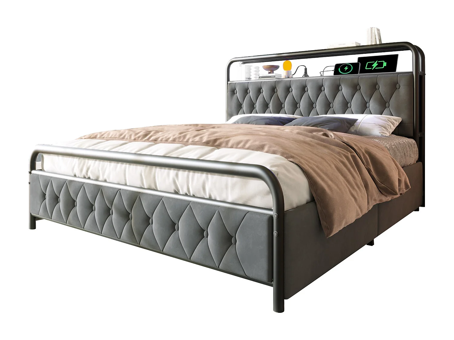 Cama de casal inteligente 140x200 cm – Cabeceira com LED e carregamento USB-C (sem colchão)