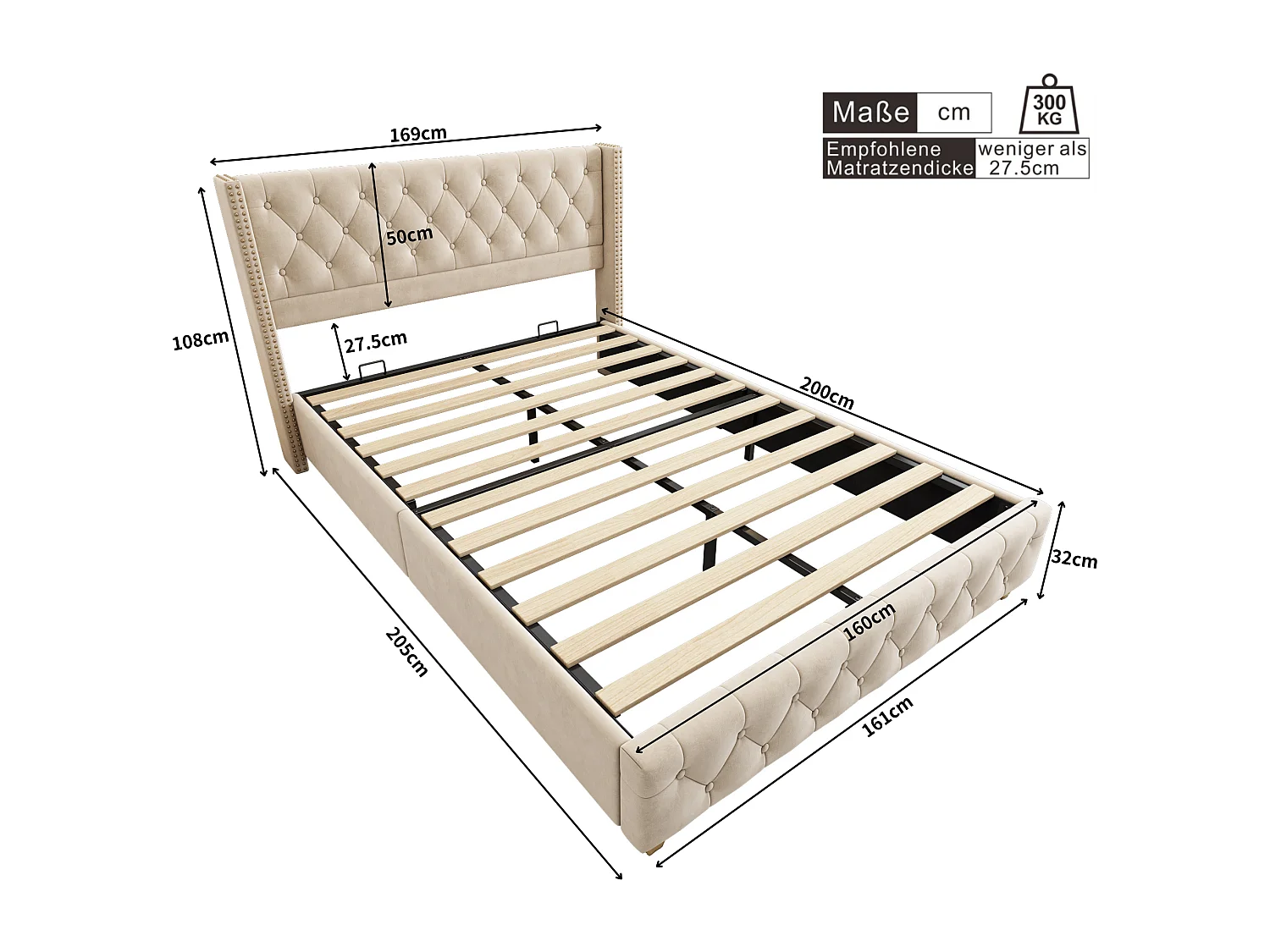 Bed 160x200 cm met gecapitonneerd hoofdbord, siernagels en lichtbeige fluweel (zonder matras)