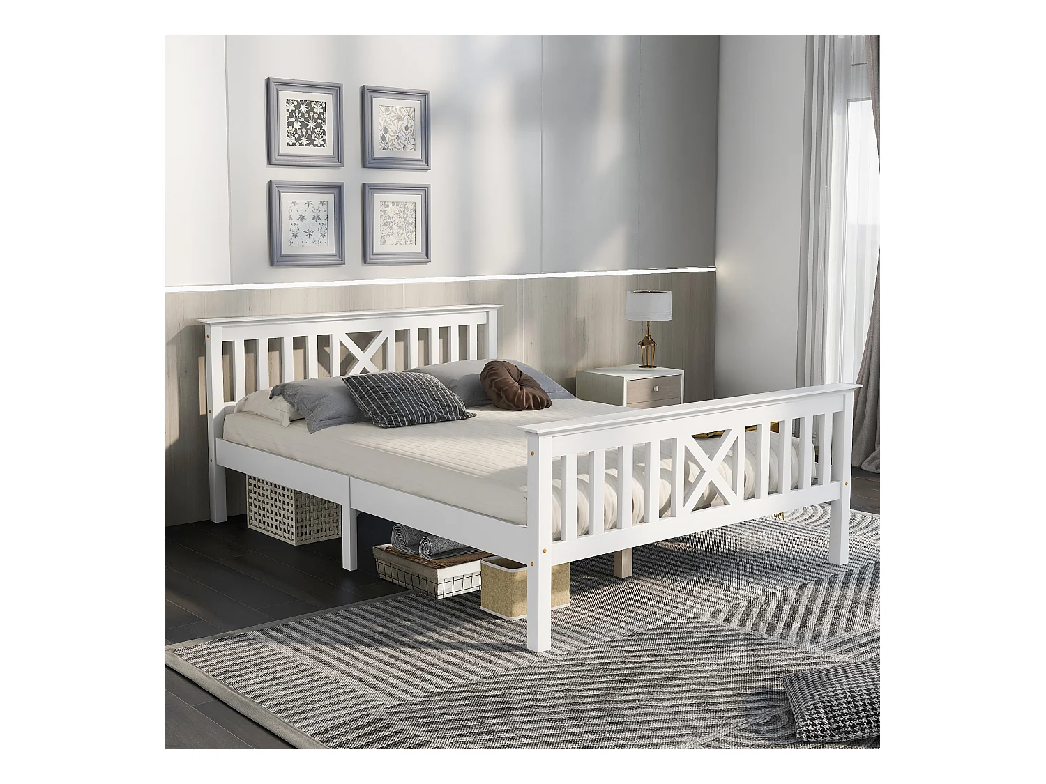 Lit design 140x200 cm blanc - Structure en pin naturel,style nordique - Pour enfant et ado(sans matelas)
