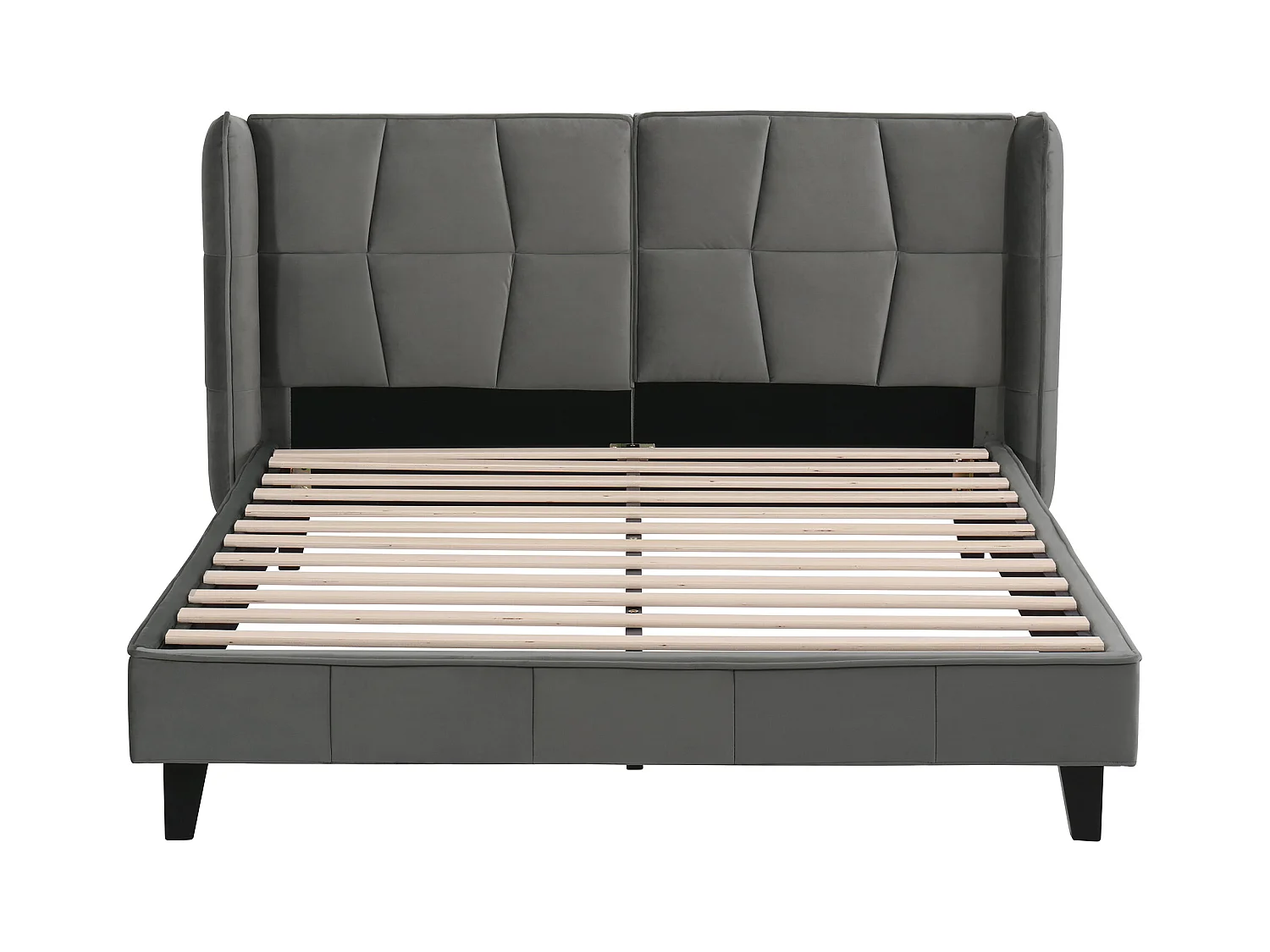 Lit adulte 140x200 cm - Tête de lit rembourrée & sommier bois - Velours gris (sans matelas)