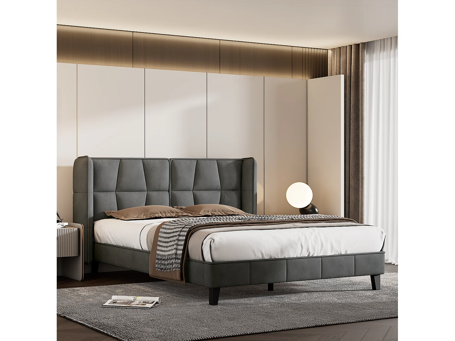 Lit adulte 140x200 cm - Tête de lit rembourrée & sommier bois - Velours gris (sans matelas)