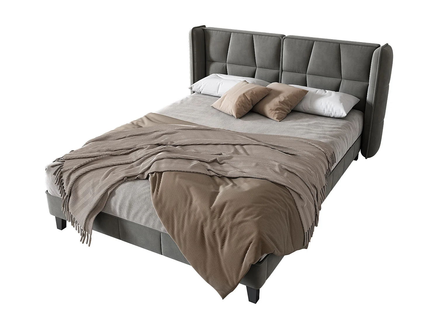 Lit adulte 140x200 cm - Tête de lit rembourrée & sommier bois - Velours gris (sans matelas)