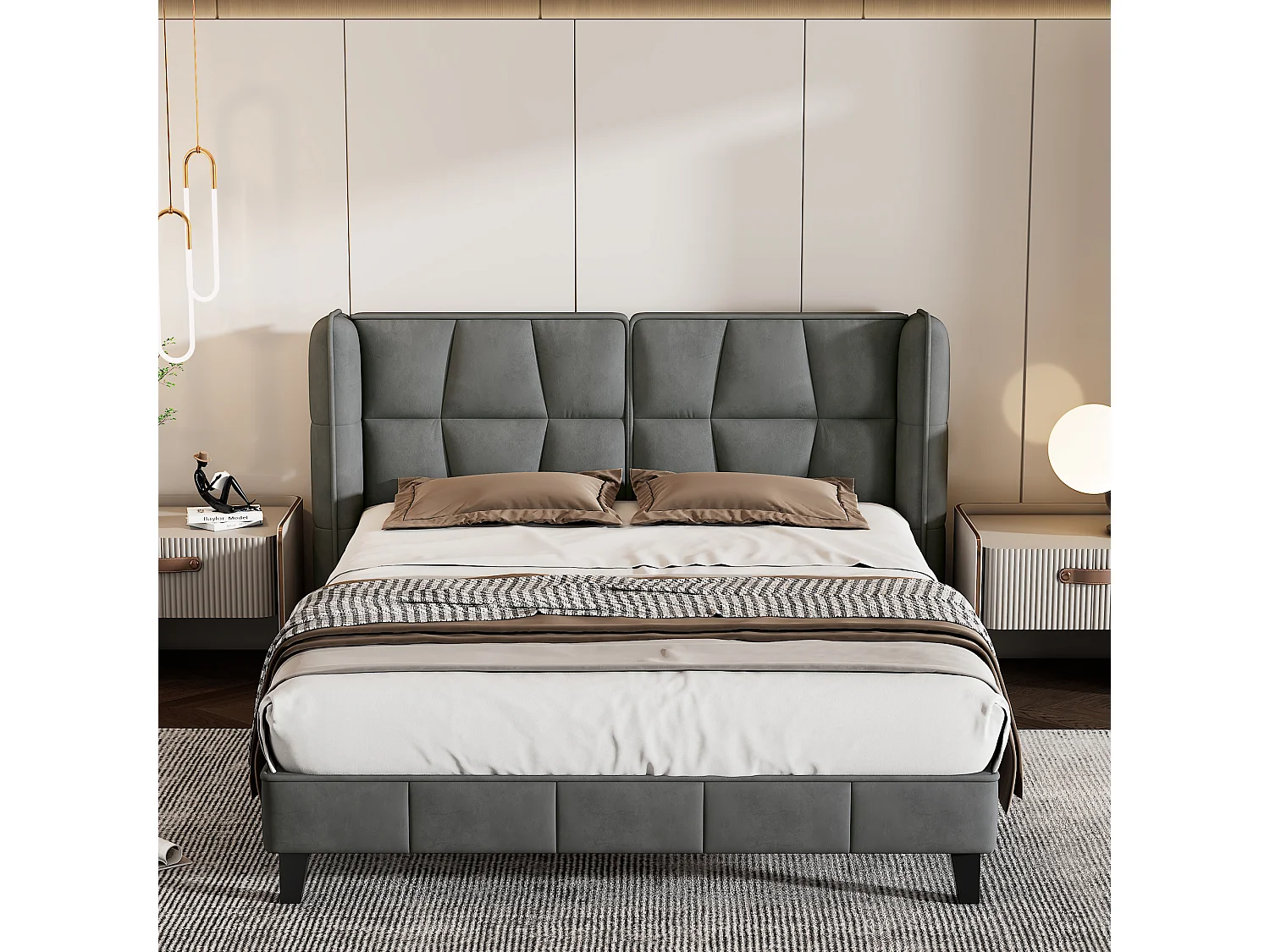 Lit adulte 140x200 cm - Tête de lit rembourrée & sommier bois - Velours gris (sans matelas)