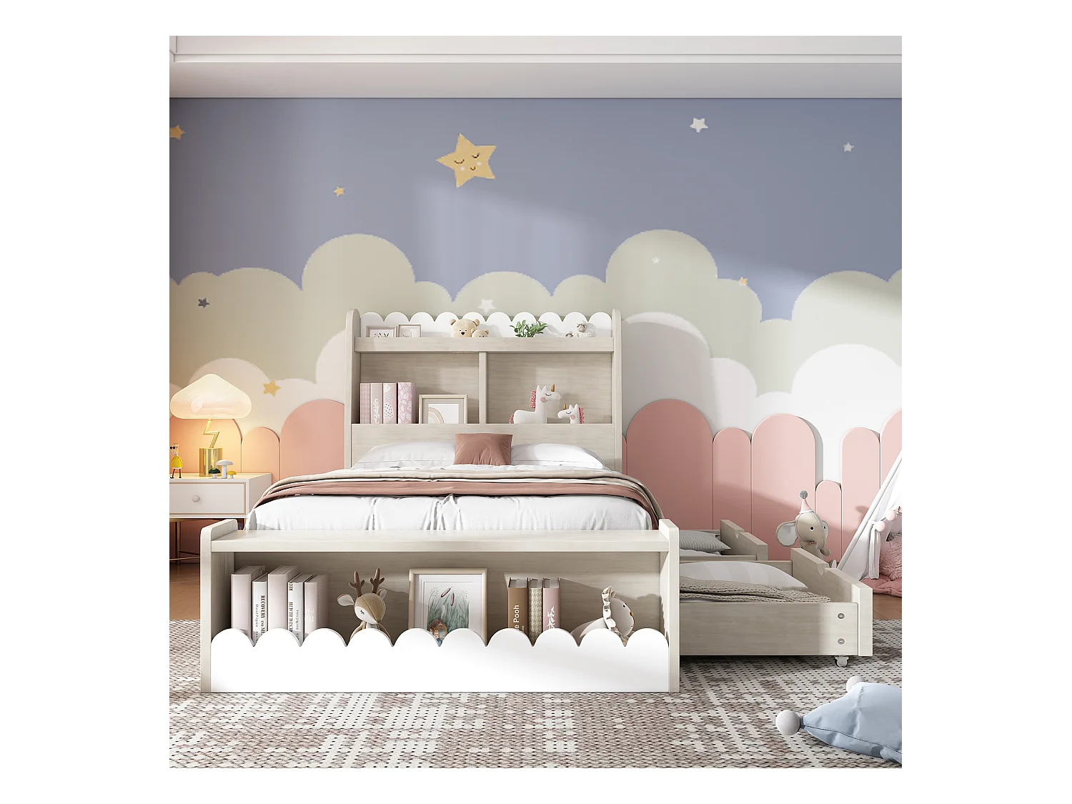 Kinderbed 90x200 cm met laden, plank en opbergbank, frame van wit hout met eiken details (zonder matras)