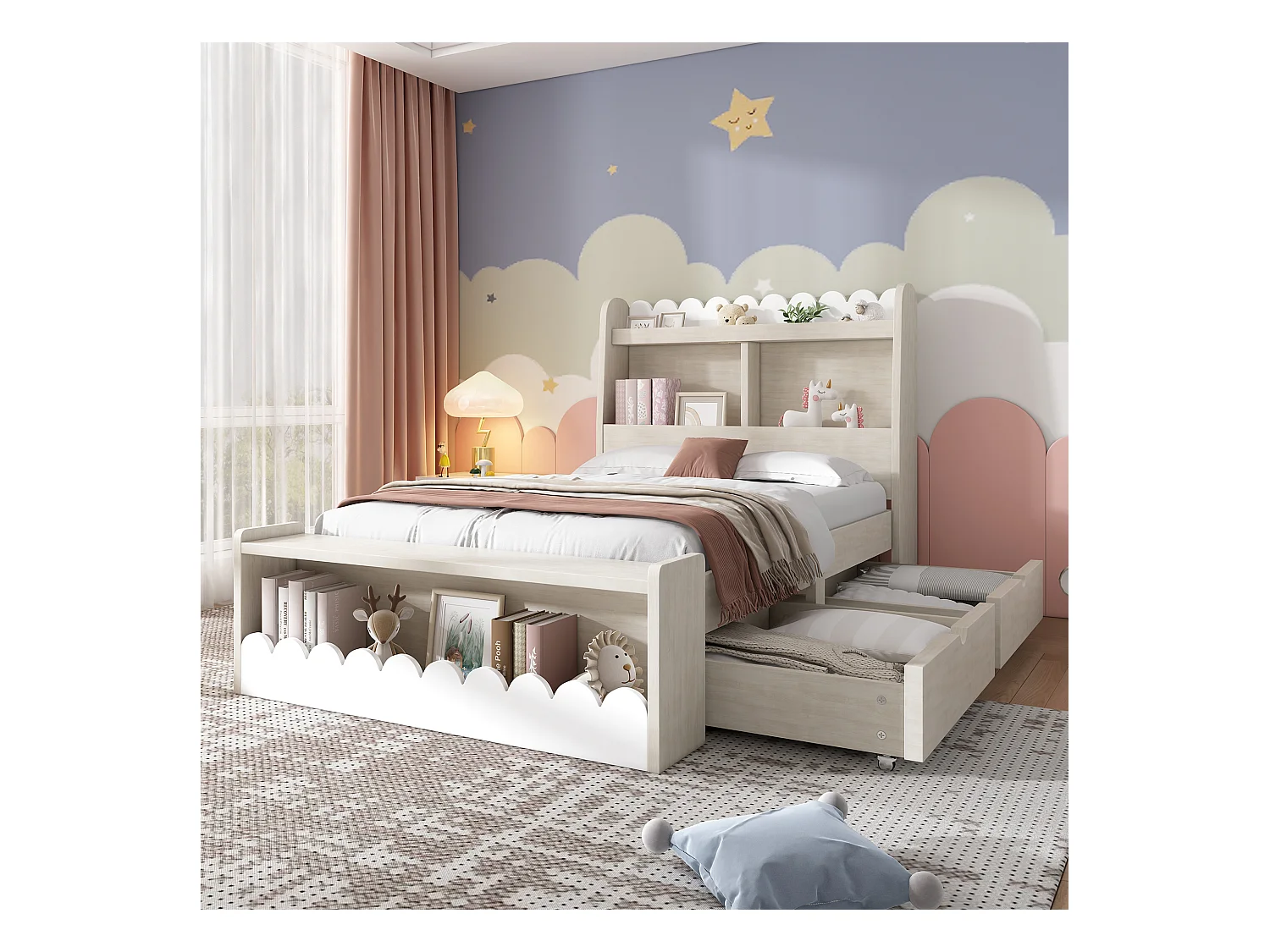 Kinderbed 90x200 cm met laden, plank en opbergbank, frame van wit hout met eiken details (zonder matras)