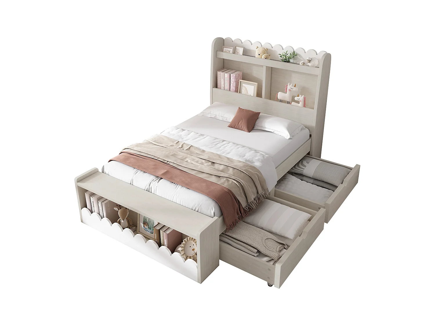 Kinderbed 90x200 cm met laden, plank en opbergbank, frame van wit hout met eiken details (zonder matras)