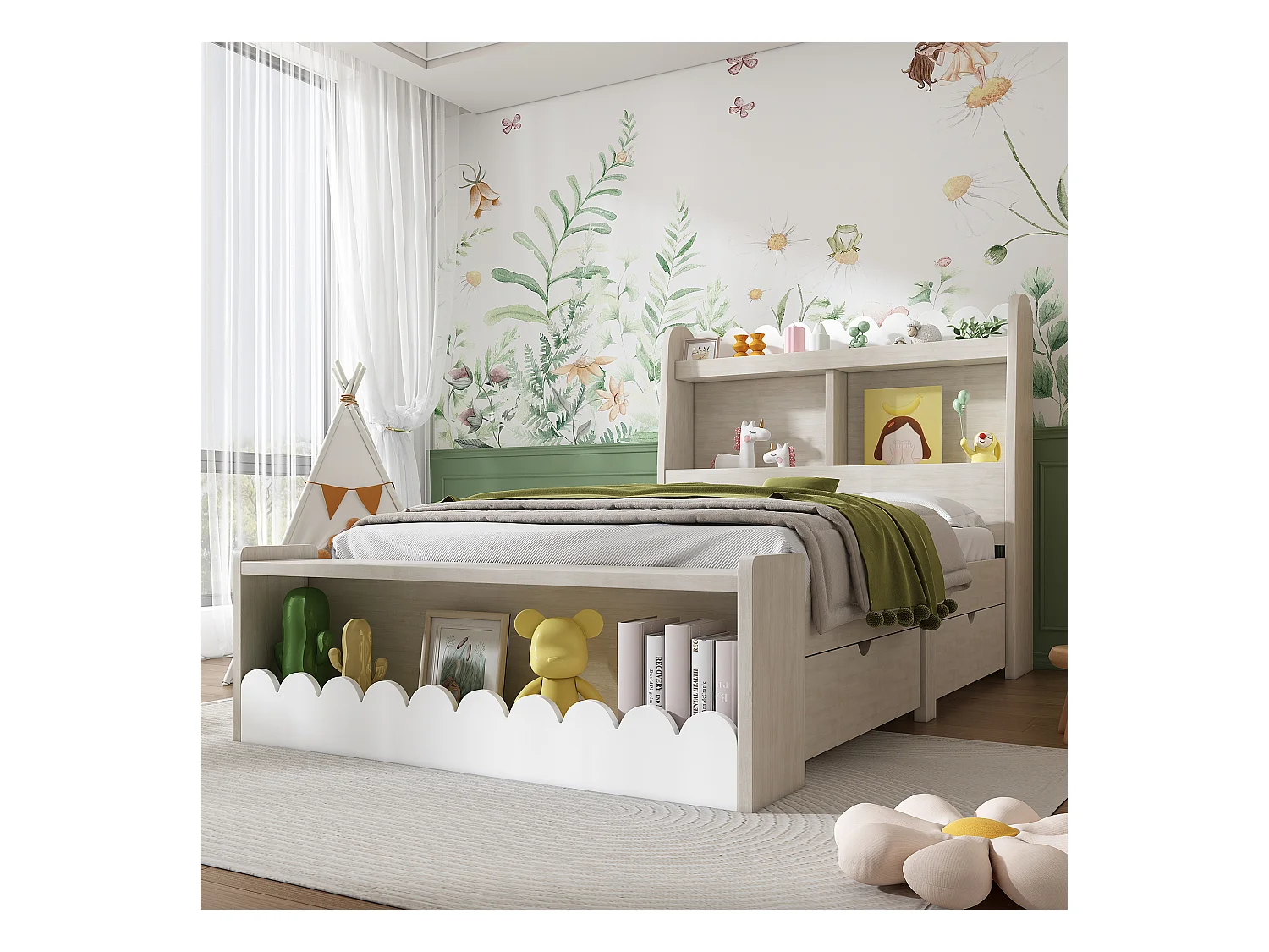 Kinderbed 90x200 cm met laden, plank en opbergbank, frame van wit hout met eiken details (zonder matras)