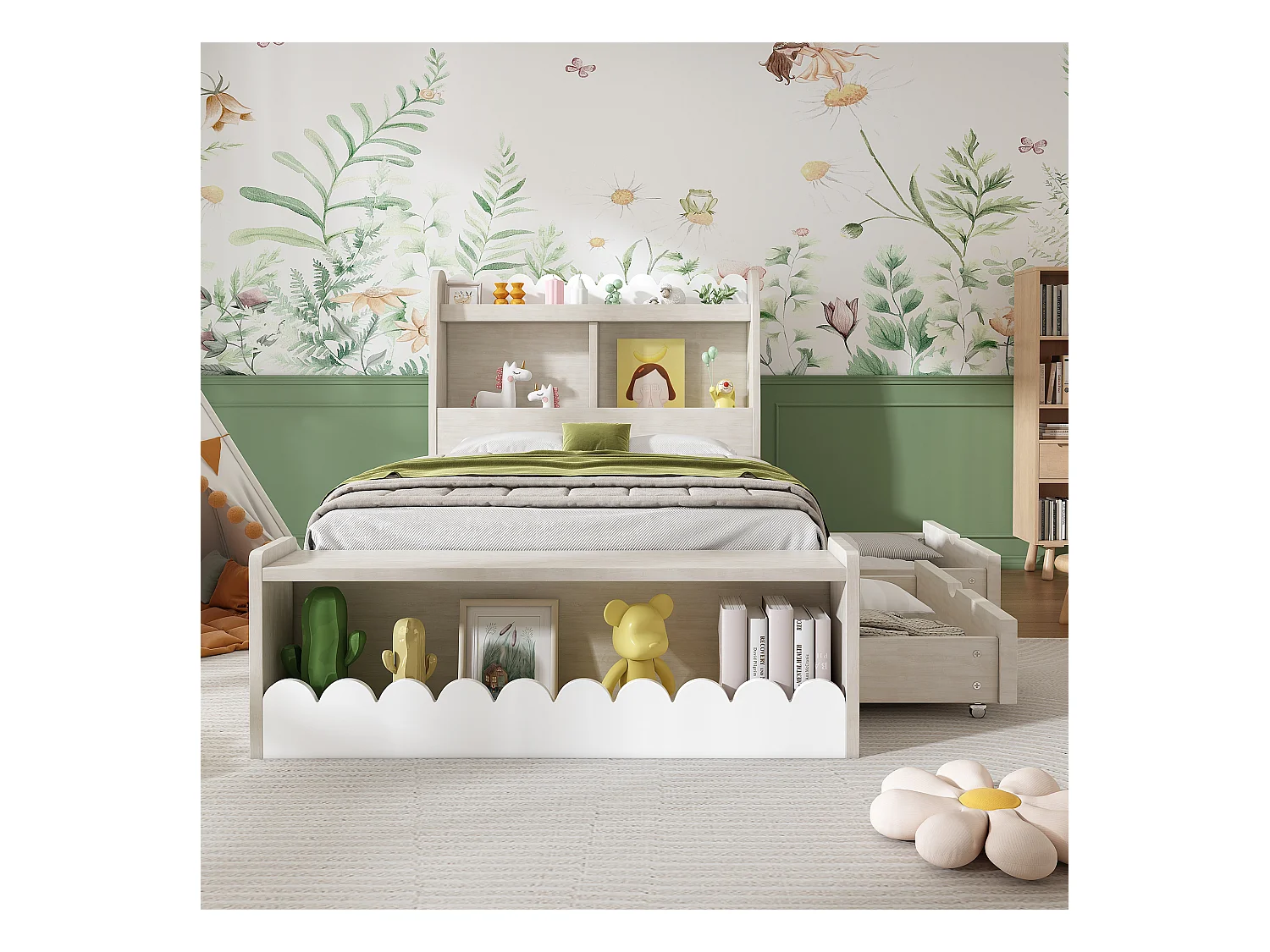 Kinderbed 90x200 cm met laden, plank en opbergbank, frame van wit hout met eiken details (zonder matras)