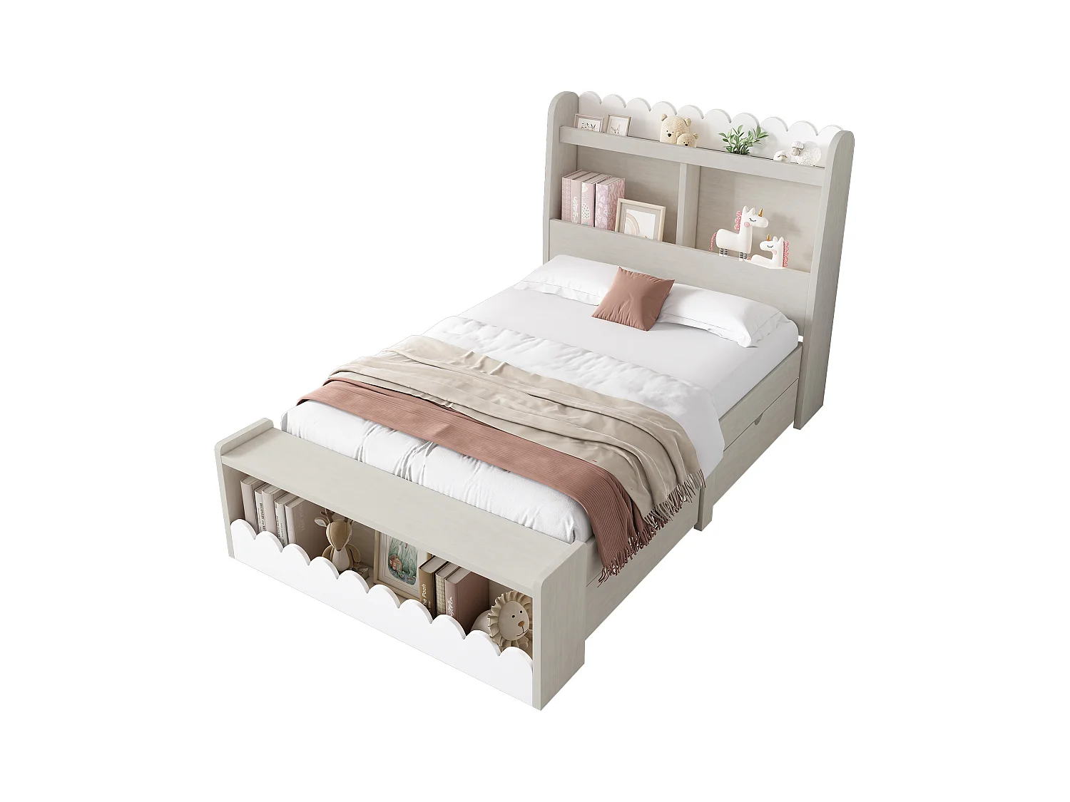 Kinderbed 90x200 cm met laden, plank en opbergbank, frame van wit hout met eiken details (zonder matras)