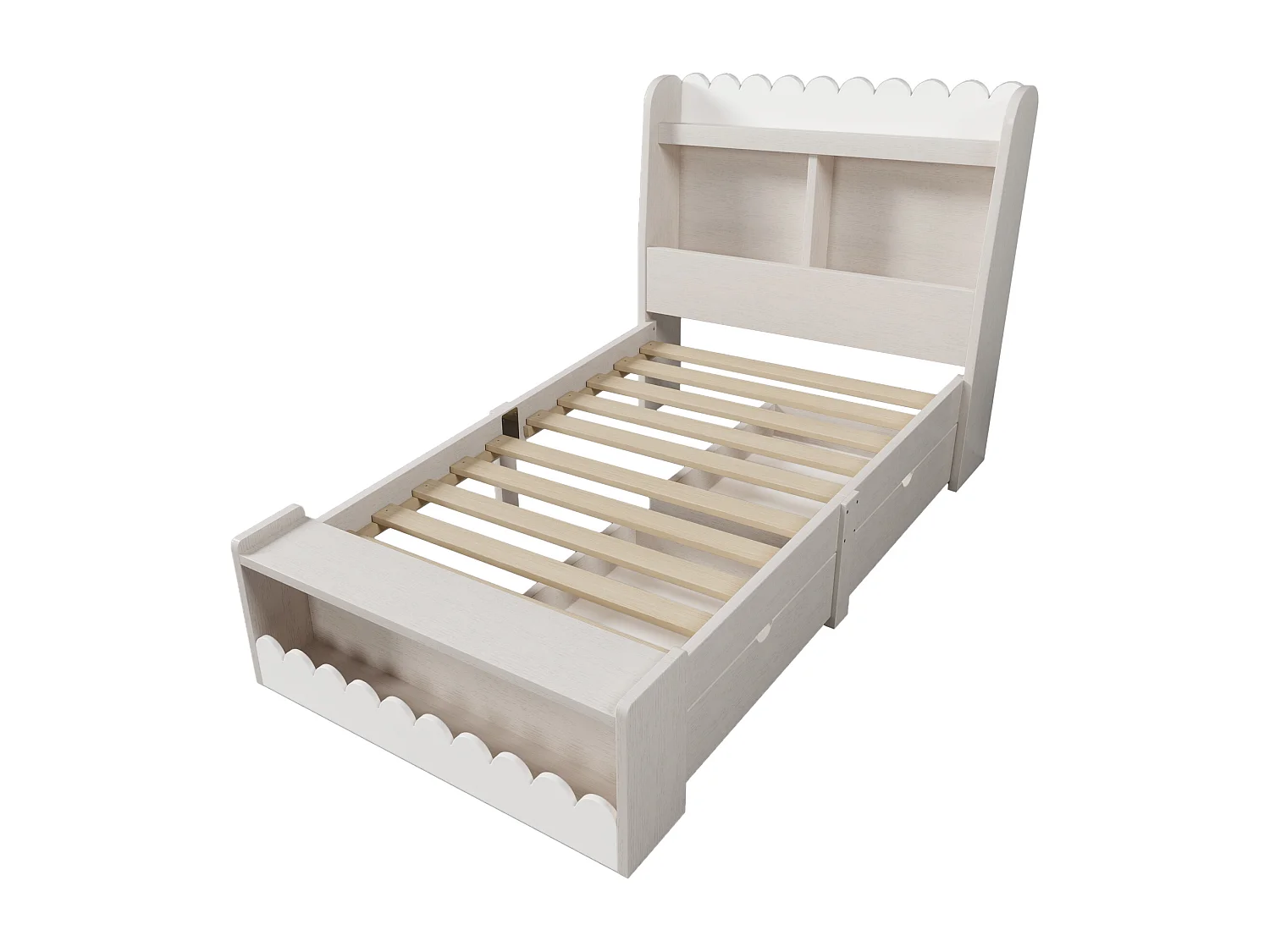 Kinderbed 90x200 cm met laden, plank en opbergbank, frame van wit hout met eiken details (zonder matras)