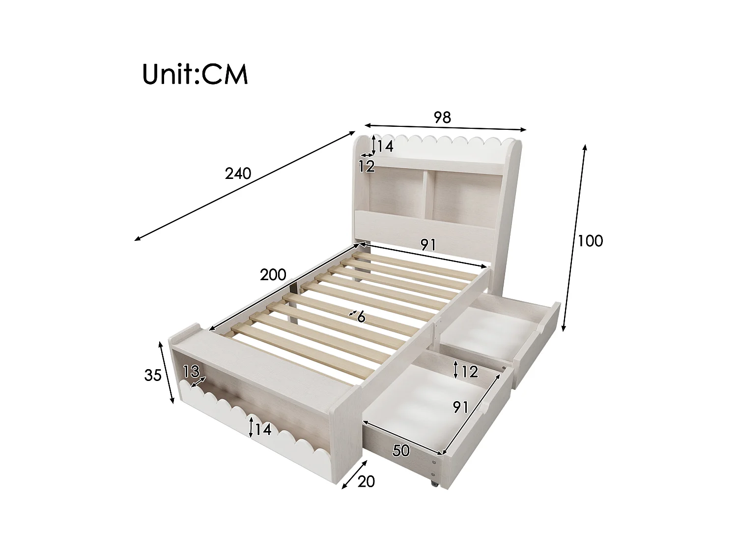 Lit enfant 90x200 cm banc avec tiroirs de rangement, cadre en bois avec étagère, sans matelas