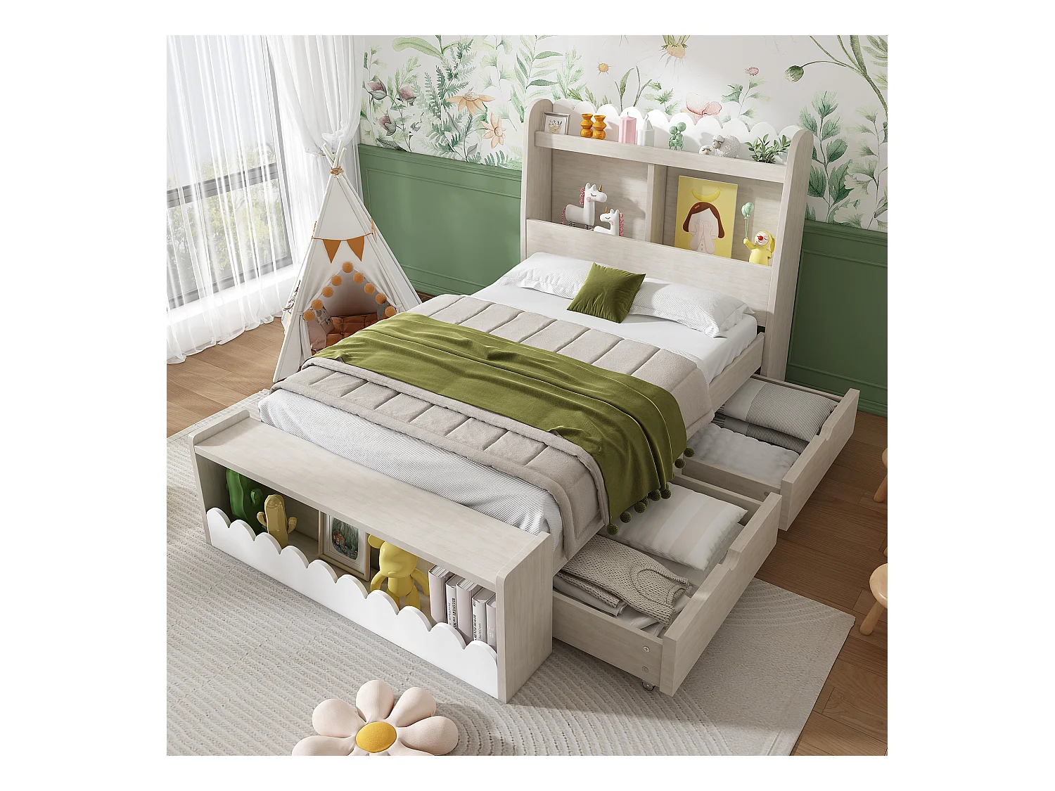 Lit enfant 90x200 cm banc avec tiroirs de rangement, cadre en bois avec étagère, sans matelas