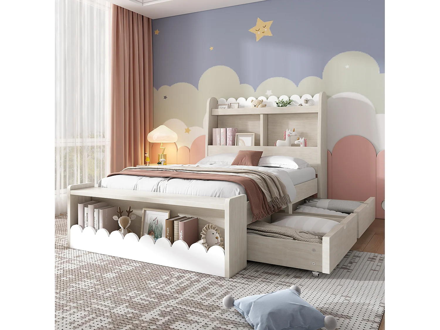 Lit enfant 90x200 cm banc avec tiroirs de rangement, cadre en bois avec étagère, sans matelas