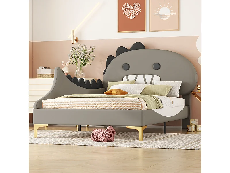 Cama infantil dinossauro 90x200 cm – estrutura plana segura – revestimento em PU cinza fácil de limpar (sem colchão)