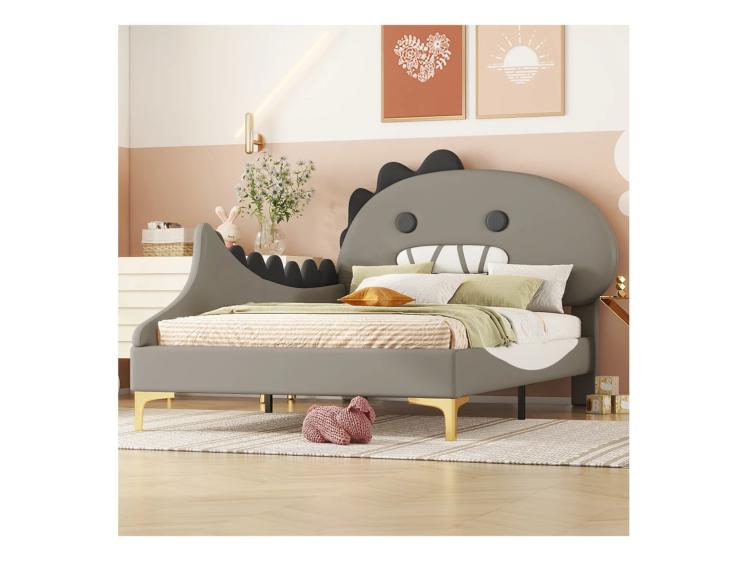 Lit enfant dinosaure 90x200 cm - Structure plate sécurisée - Revêtement PU gris facile à nettoyer (sans matelas)