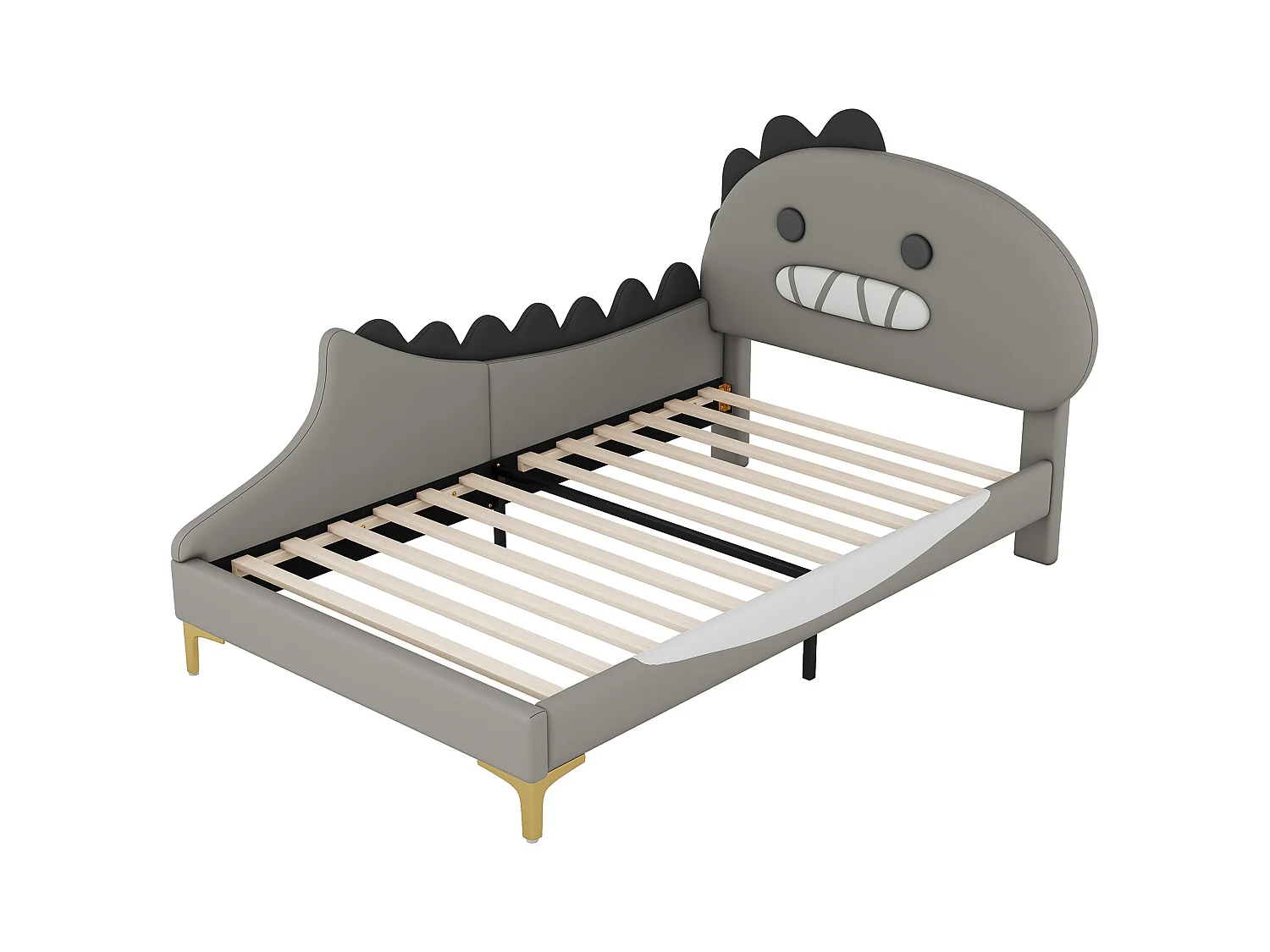 Lit enfant dinosaure 90x200 cm - Structure plate sécurisée - Revêtement PU gris facile à nettoyer (sans matelas)
