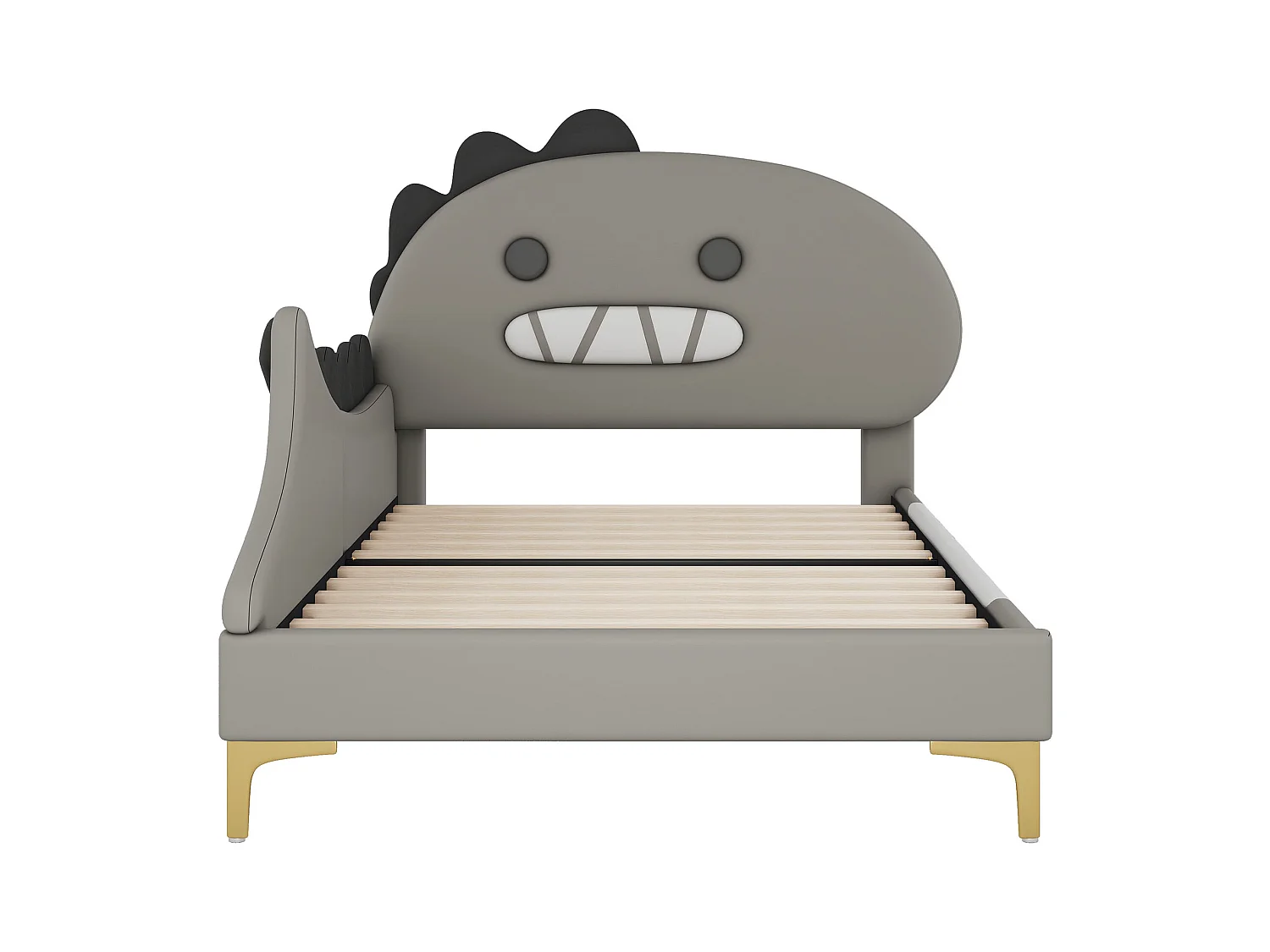 Lit enfant dinosaure 90x200 cm - Structure plate sécurisée - Revêtement PU gris facile à nettoyer (sans matelas)