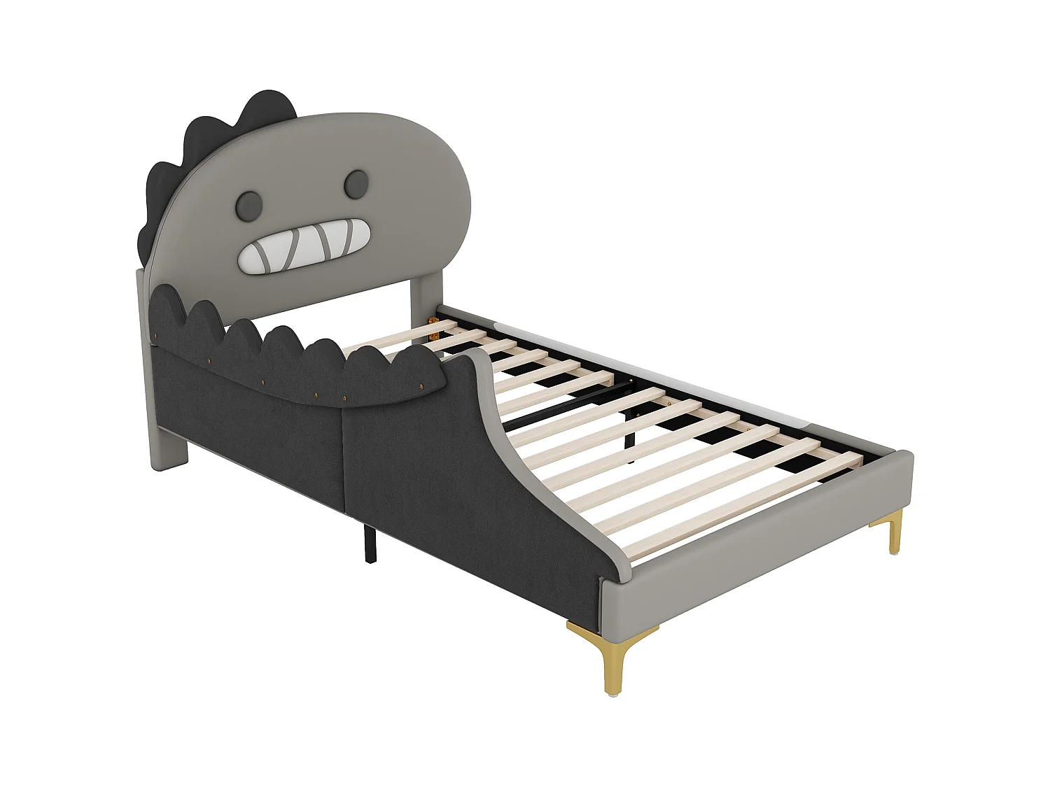 Lit enfant dinosaure 90x200 cm - Structure plate sécurisée - Revêtement PU gris facile à nettoyer (sans matelas)