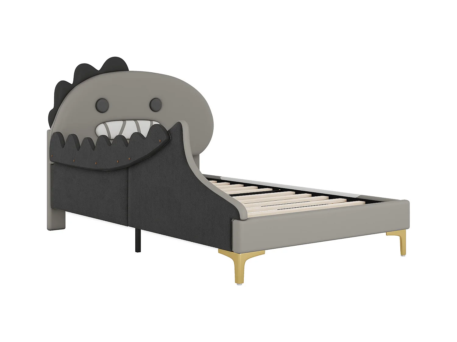 Lit enfant dinosaure 90x200 cm - Structure plate sécurisée - Revêtement PU gris facile à nettoyer (sans matelas)
