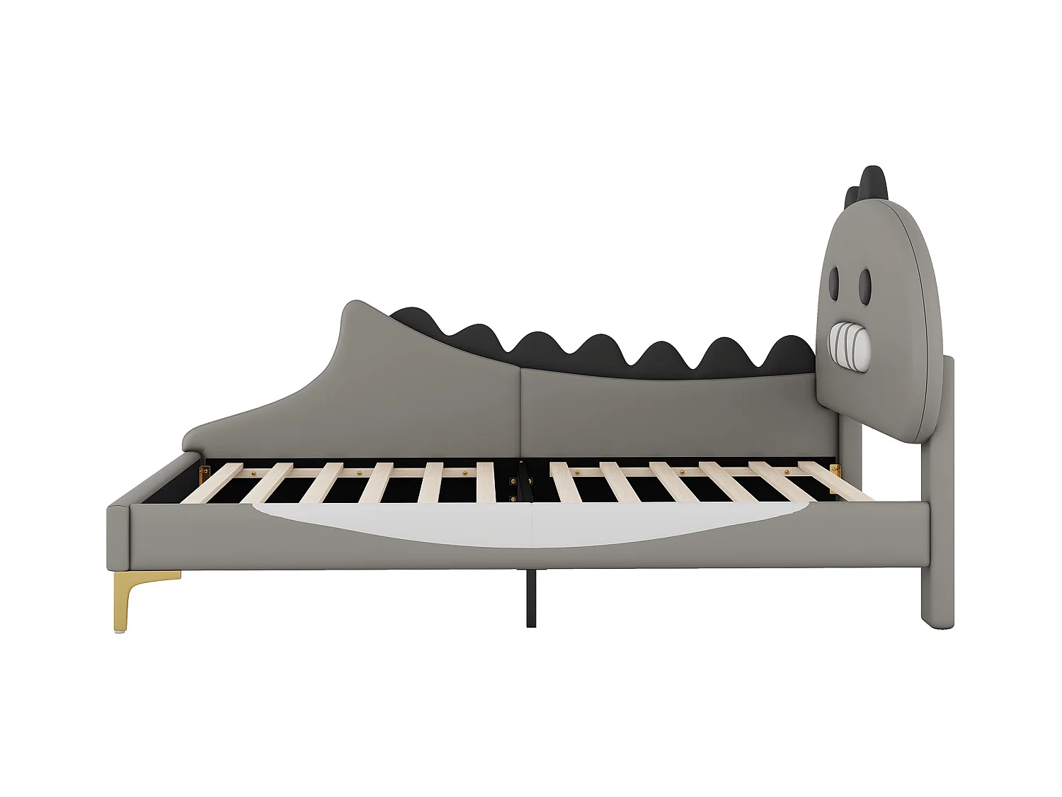 Lit enfant dinosaure 90x200 cm - Structure plate sécurisée - Revêtement PU gris facile à nettoyer (sans matelas)