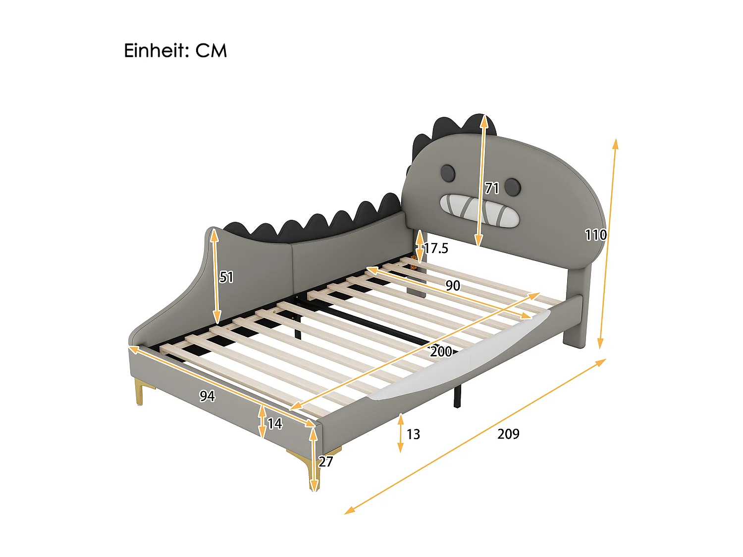 Cama infantil dinossauro 90x200 cm – estrutura plana segura – revestimento em PU cinza fácil de limpar (sem colchão)