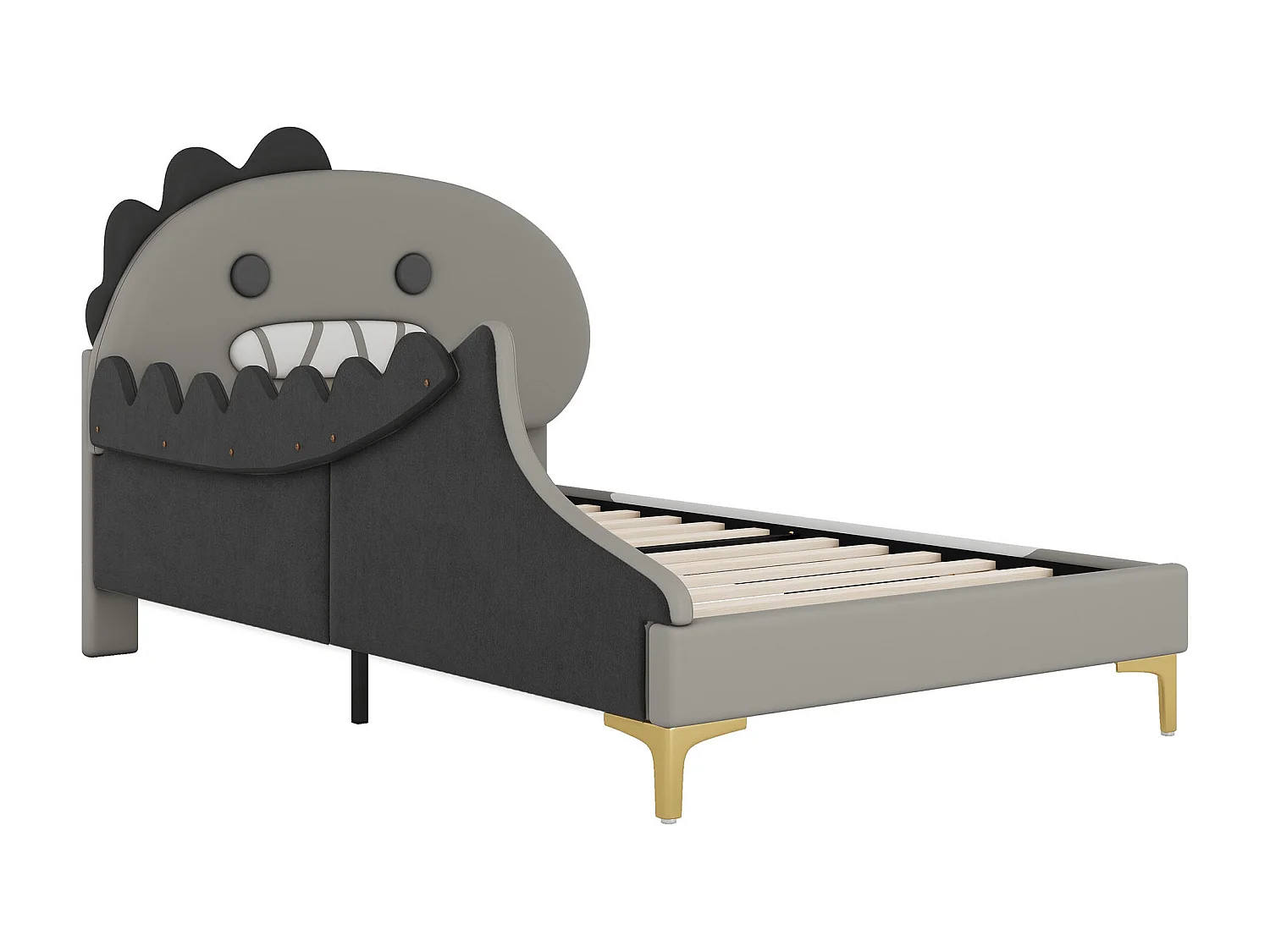 Cama infantil dinossauro 90x200 cm – estrutura plana segura – revestimento em PU cinza fácil de limpar (sem colchão)