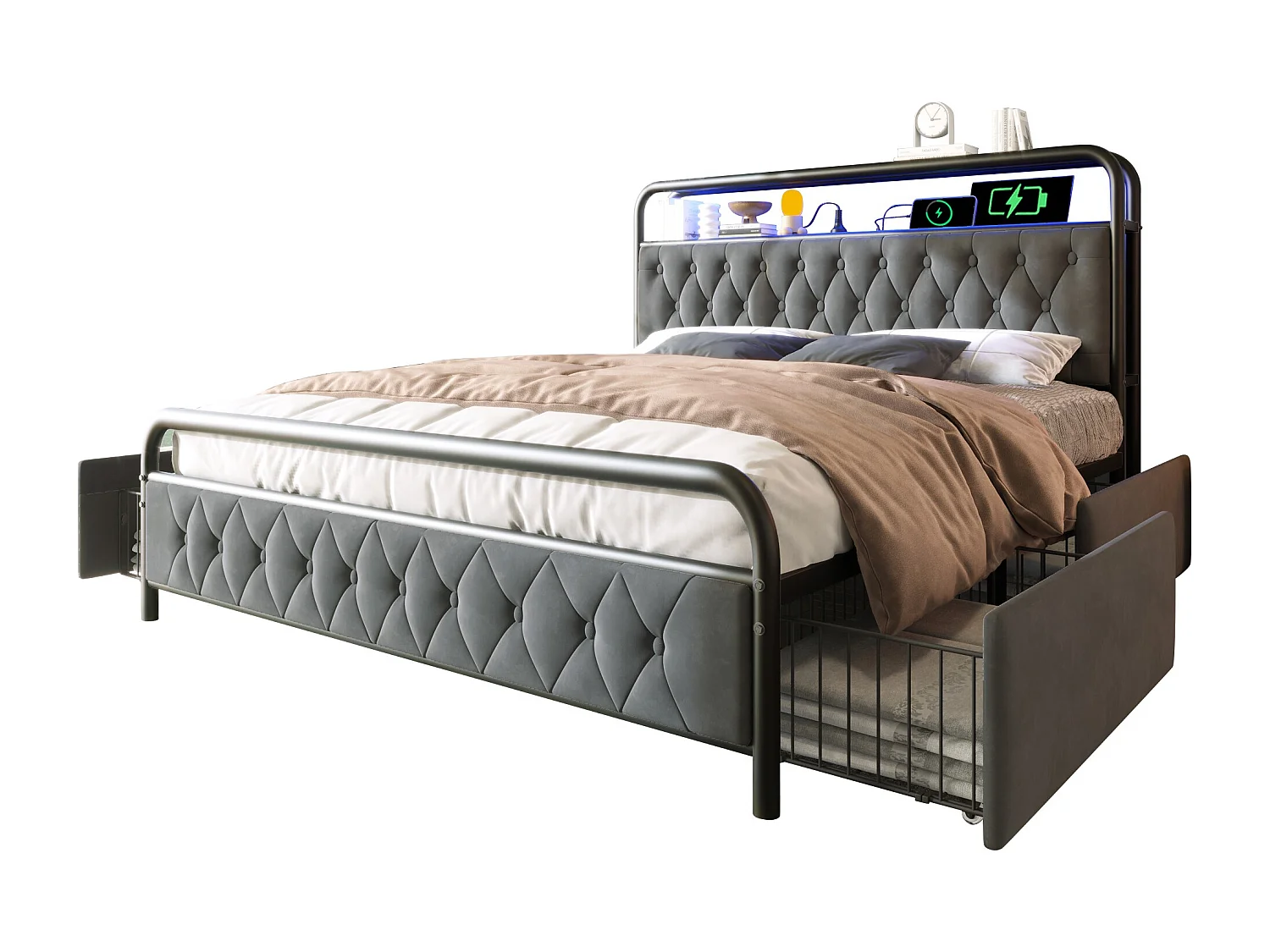 Lit adulte 180x200 cm avec chargement USB Type-C, éclairage LED, cadre en métal avec 4 tiroirs, en velours (sans matelas)