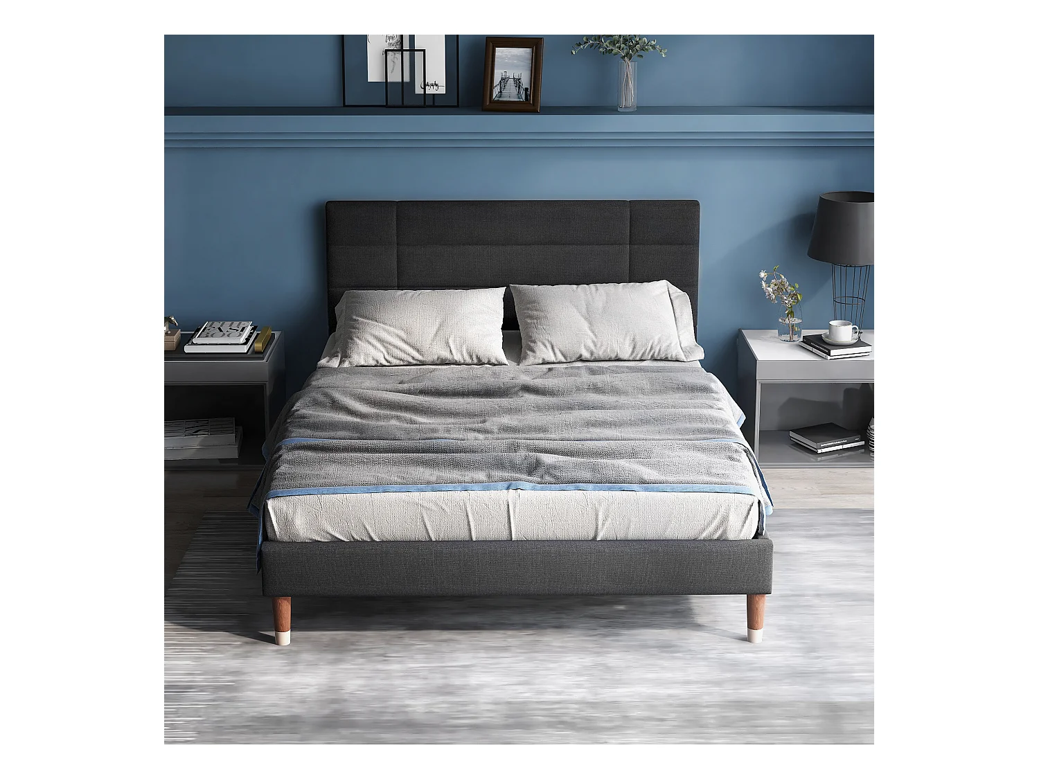 Lit 140x200 lin gris anthracite - Tête de lit rembourrée - sans matelas