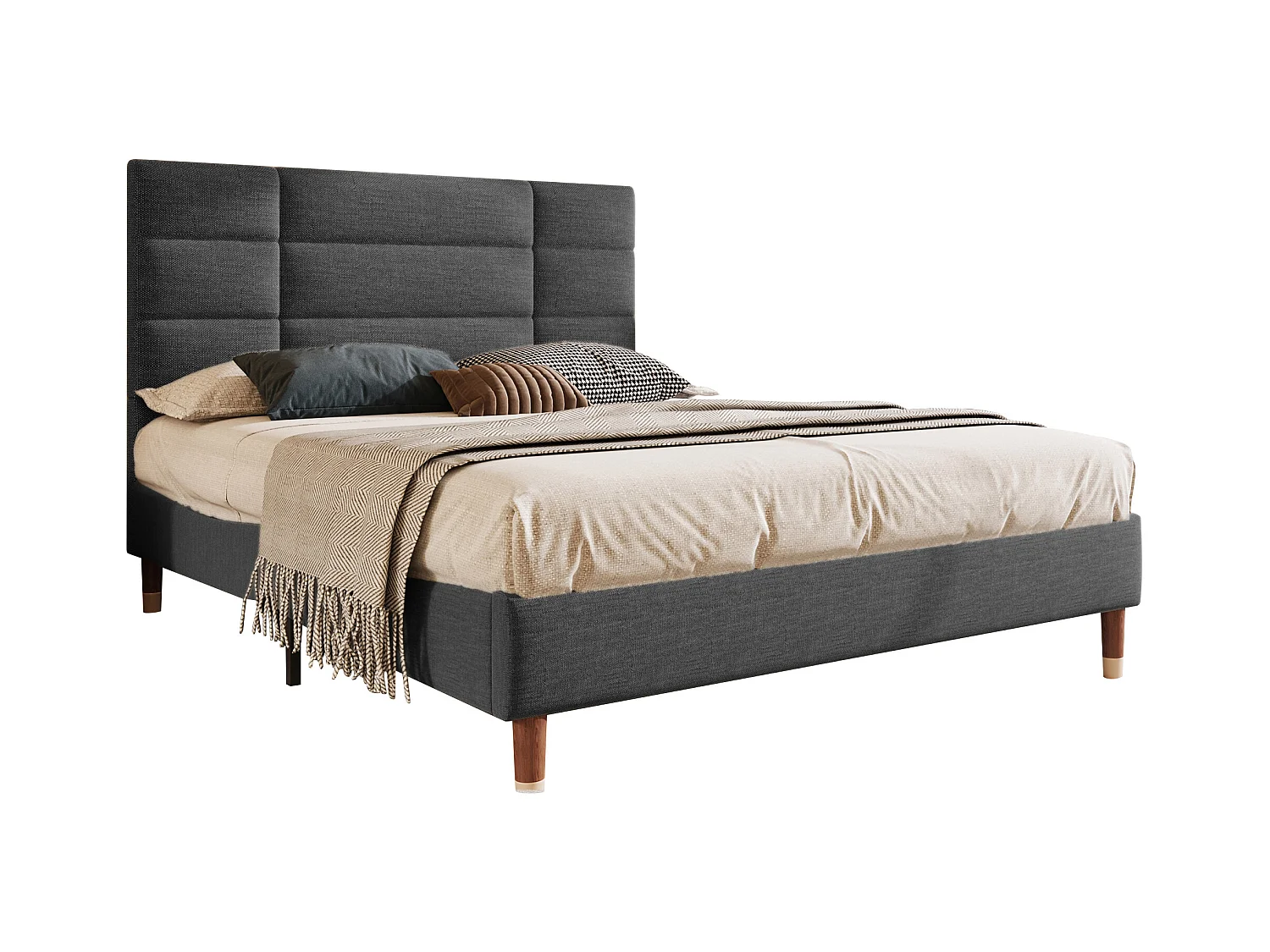 Lit 140x200 lin gris anthracite - Tête de lit rembourrée - sans matelas