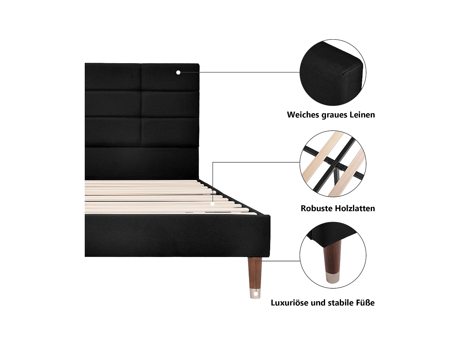 Lit 140x200 lin gris anthracite - Tête de lit rembourrée - sans matelas