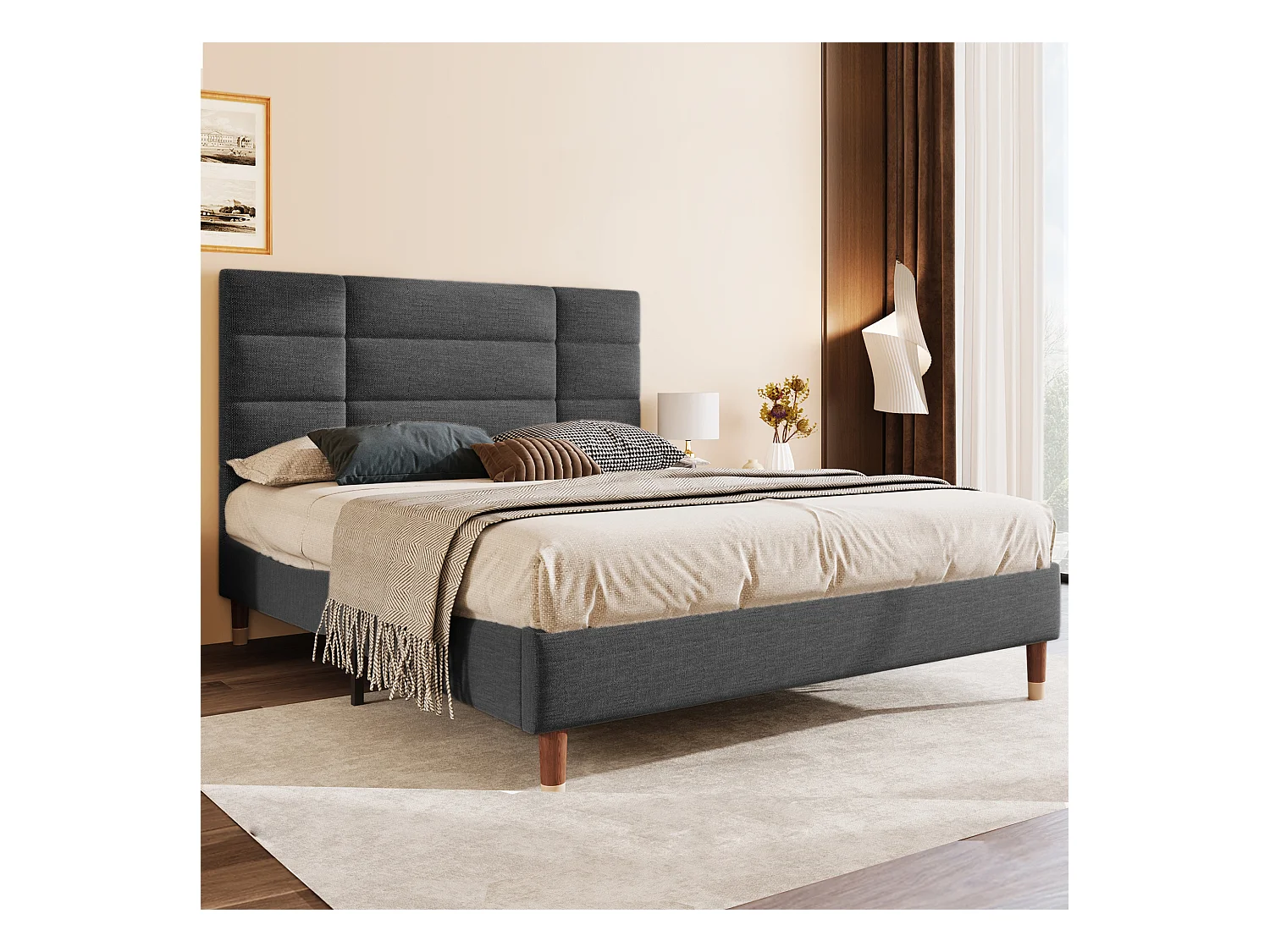 Lit 140x200 lin gris anthracite - Tête de lit rembourrée - sans matelas
