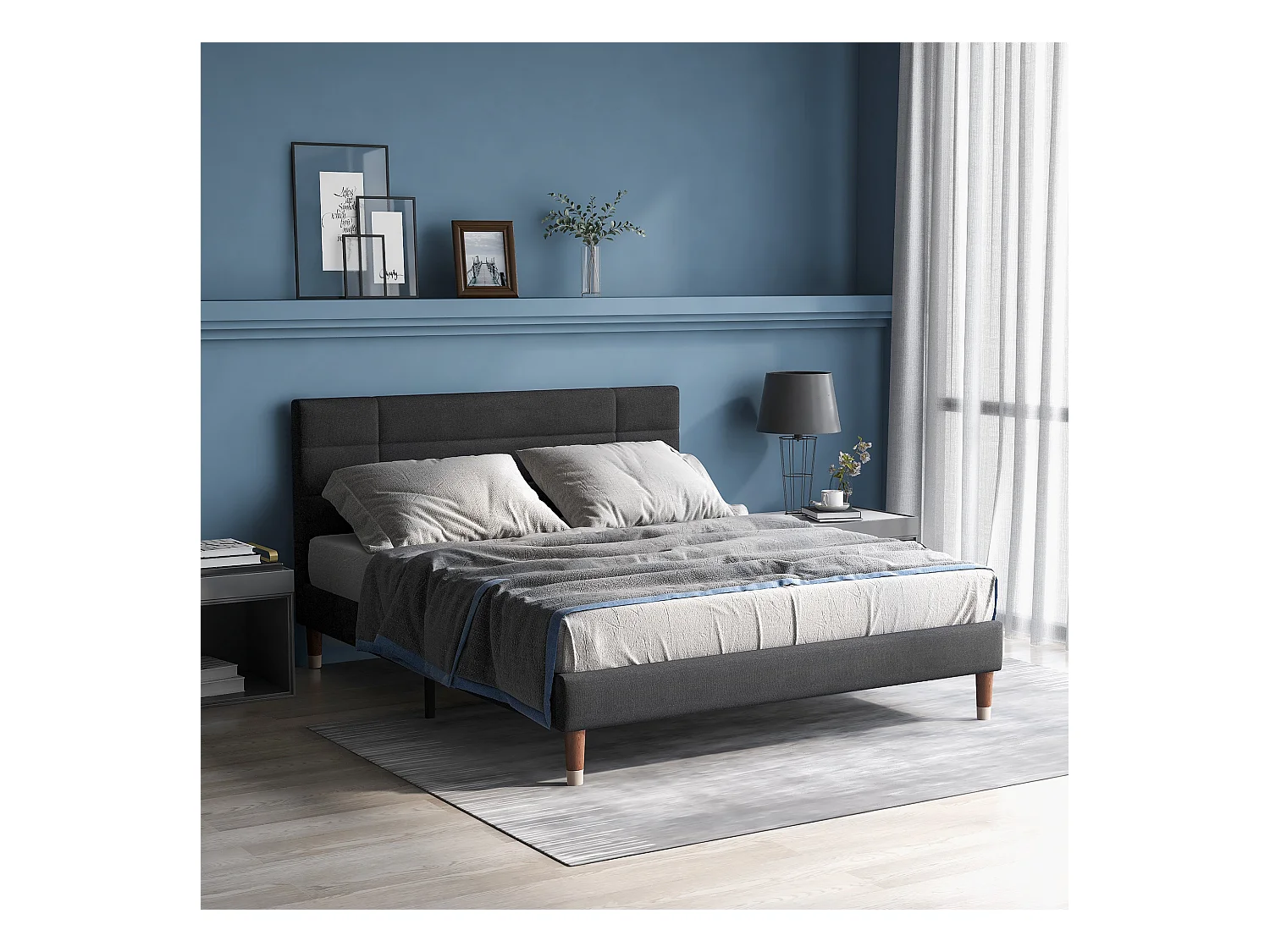 Lit 140x200 lin gris anthracite - Tête de lit rembourrée - sans matelas