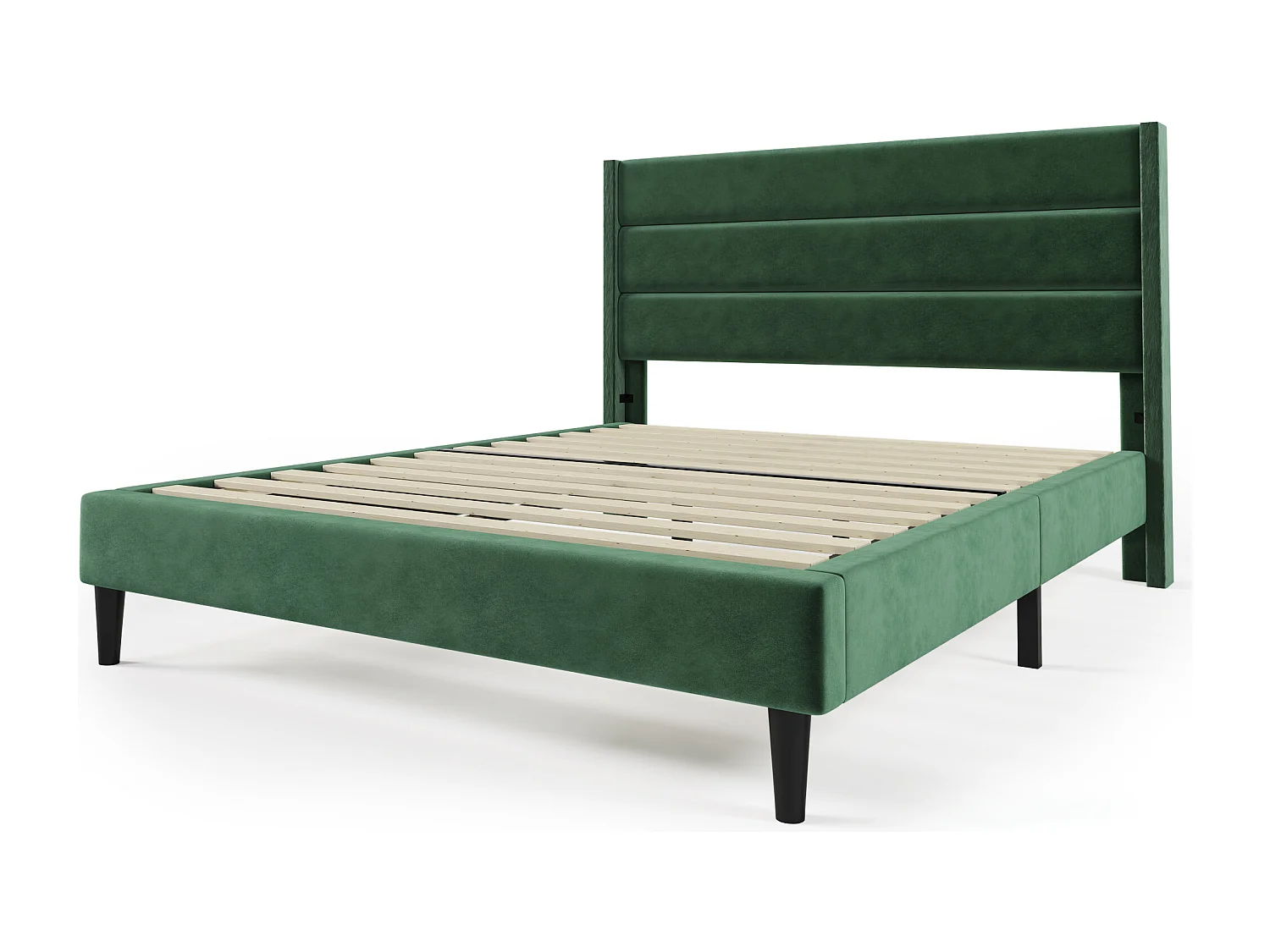 Cama de casal 140x200 cm com cabeceira e estrado de ripas, veludo verde escuro, design elegante (sem colchão)
