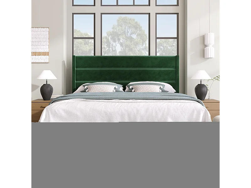 Cama de casal 140x200 cm com cabeceira e estrado de ripas, veludo verde escuro, design elegante (sem colchão)