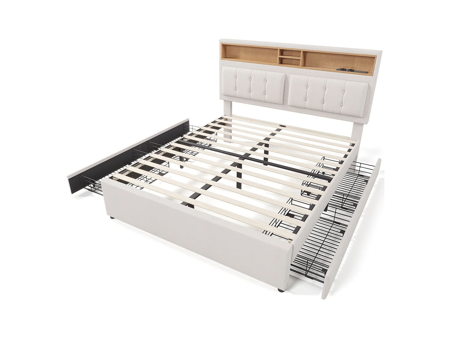 Lit adulte 160x200 cm avec 4 tiroirs et prise USB-C, tête de lit réglable en hauteur, sommier en bois (sans matelas)