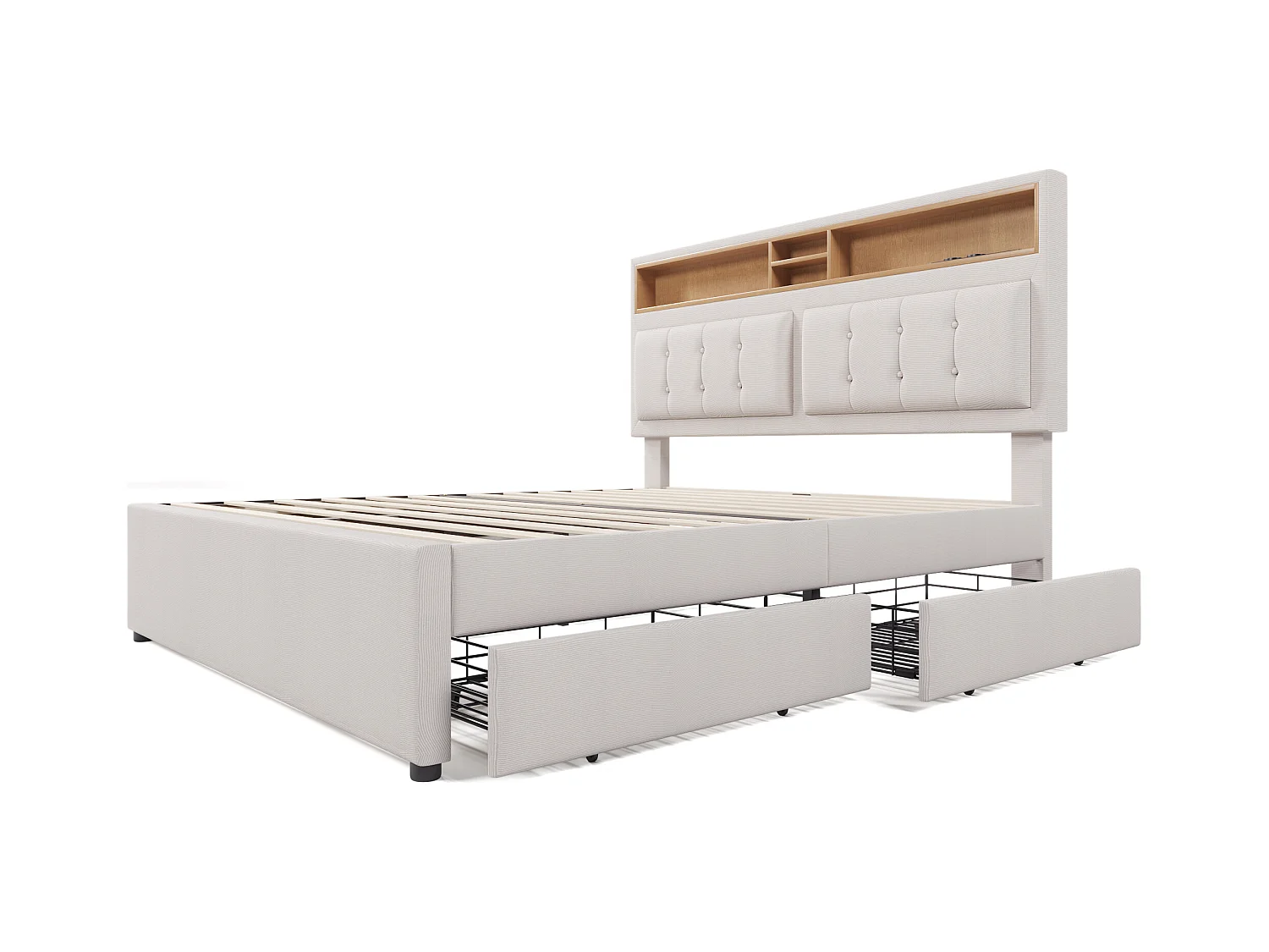 Lit adulte 160x200 cm avec 4 tiroirs et prise USB-C, tête de lit réglable en hauteur, sommier en bois (sans matelas)