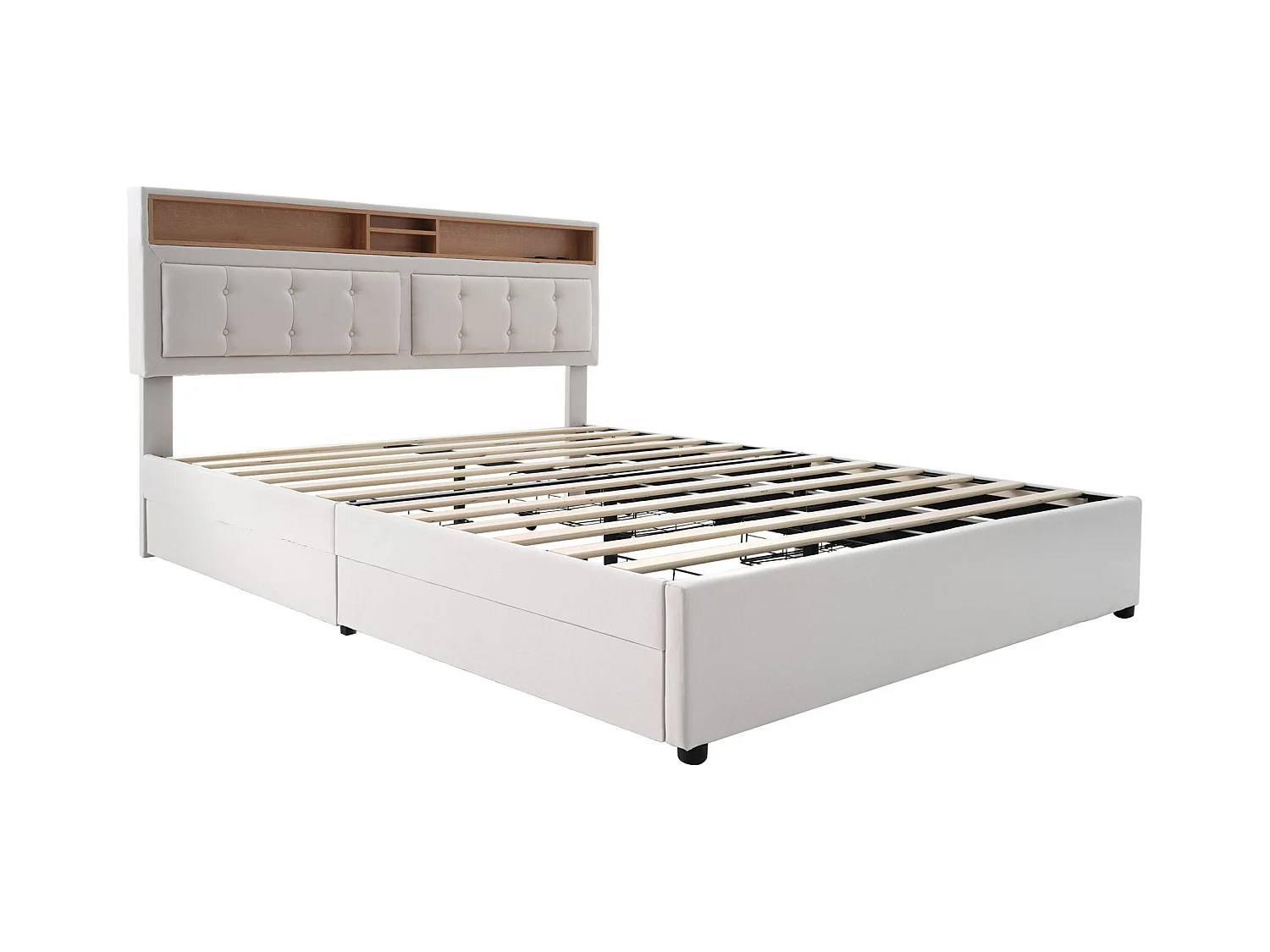 Lit adulte 160x200 cm avec 4 tiroirs et prise USB-C, tête de lit réglable en hauteur, sommier en bois (sans matelas)
