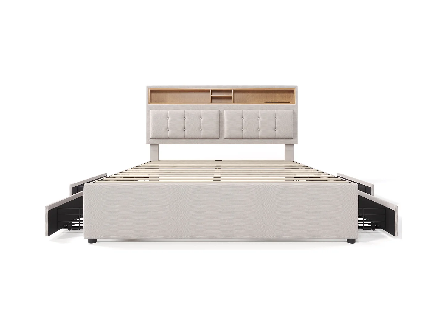 Lit adulte 160x200 cm avec 4 tiroirs et prise USB-C, tête de lit réglable en hauteur, sommier en bois (sans matelas)