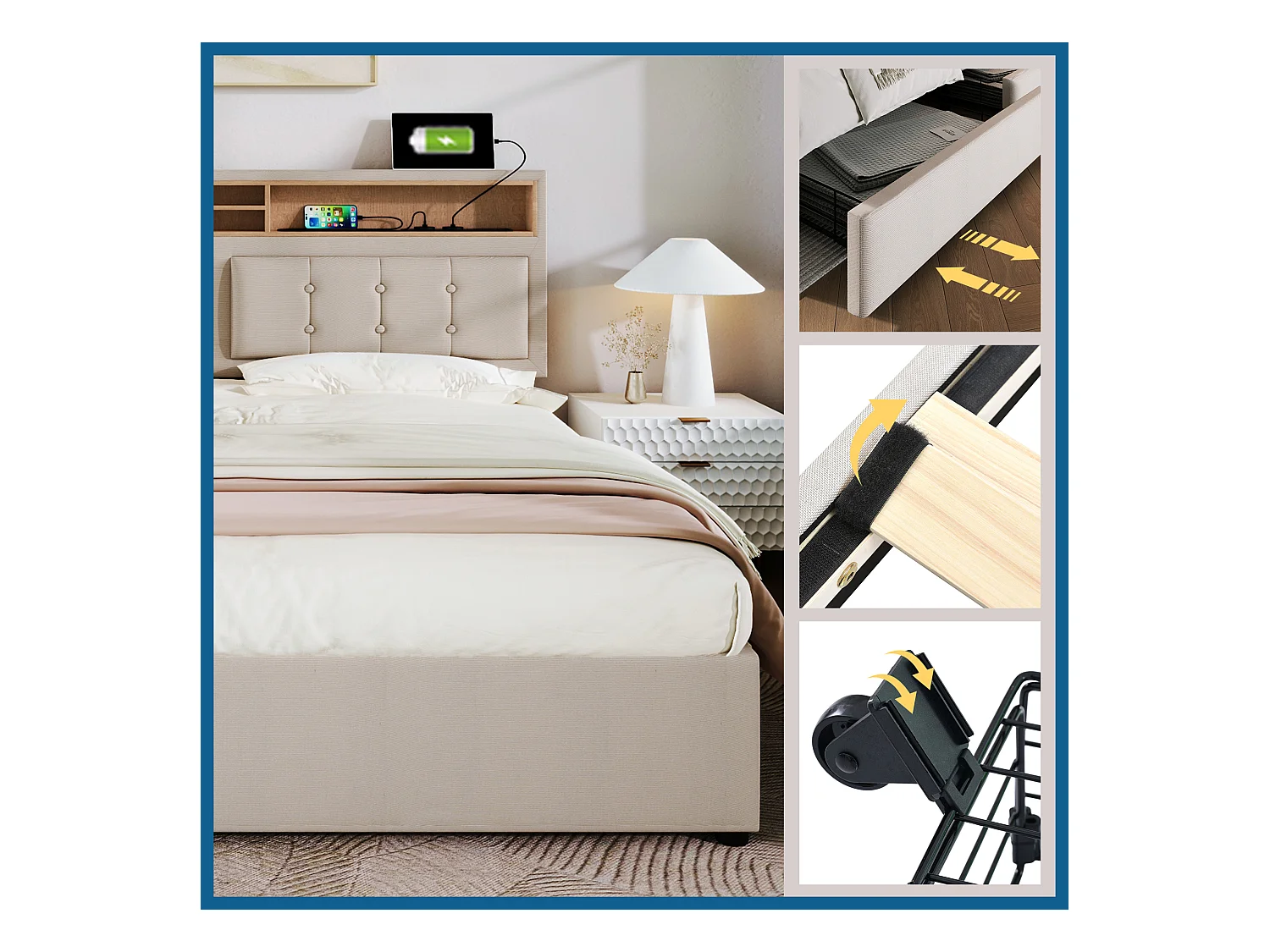 Lit adulte 160x200 cm avec 4 tiroirs et prise USB-C, tête de lit réglable en hauteur, sommier en bois (sans matelas)