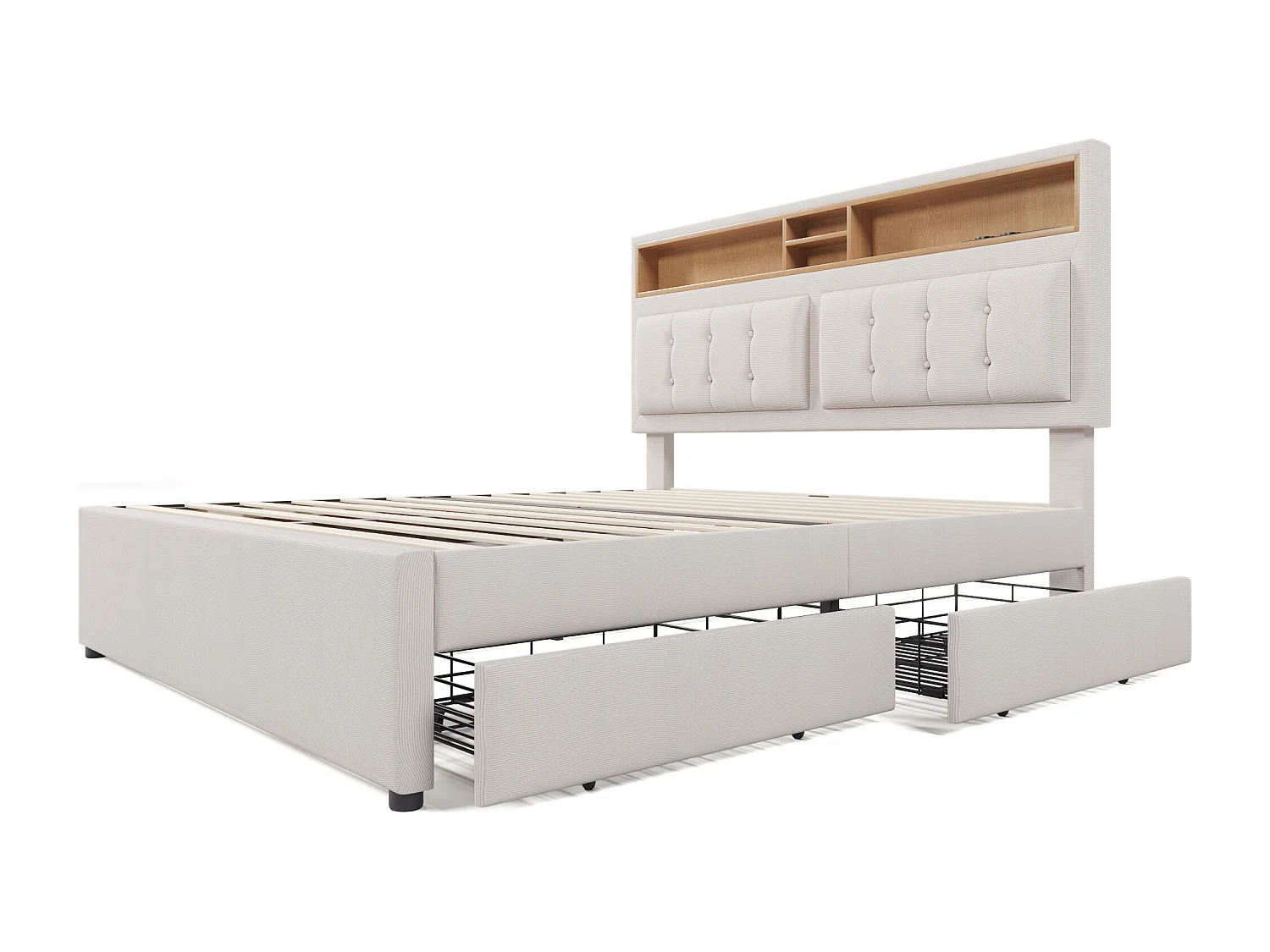 Tweepersoonsbed 160x200 cm met 4 laden en USB-C aansluiting, in hoogte verstelbare hoofdbord, houten lattenbodem (zonder matras)